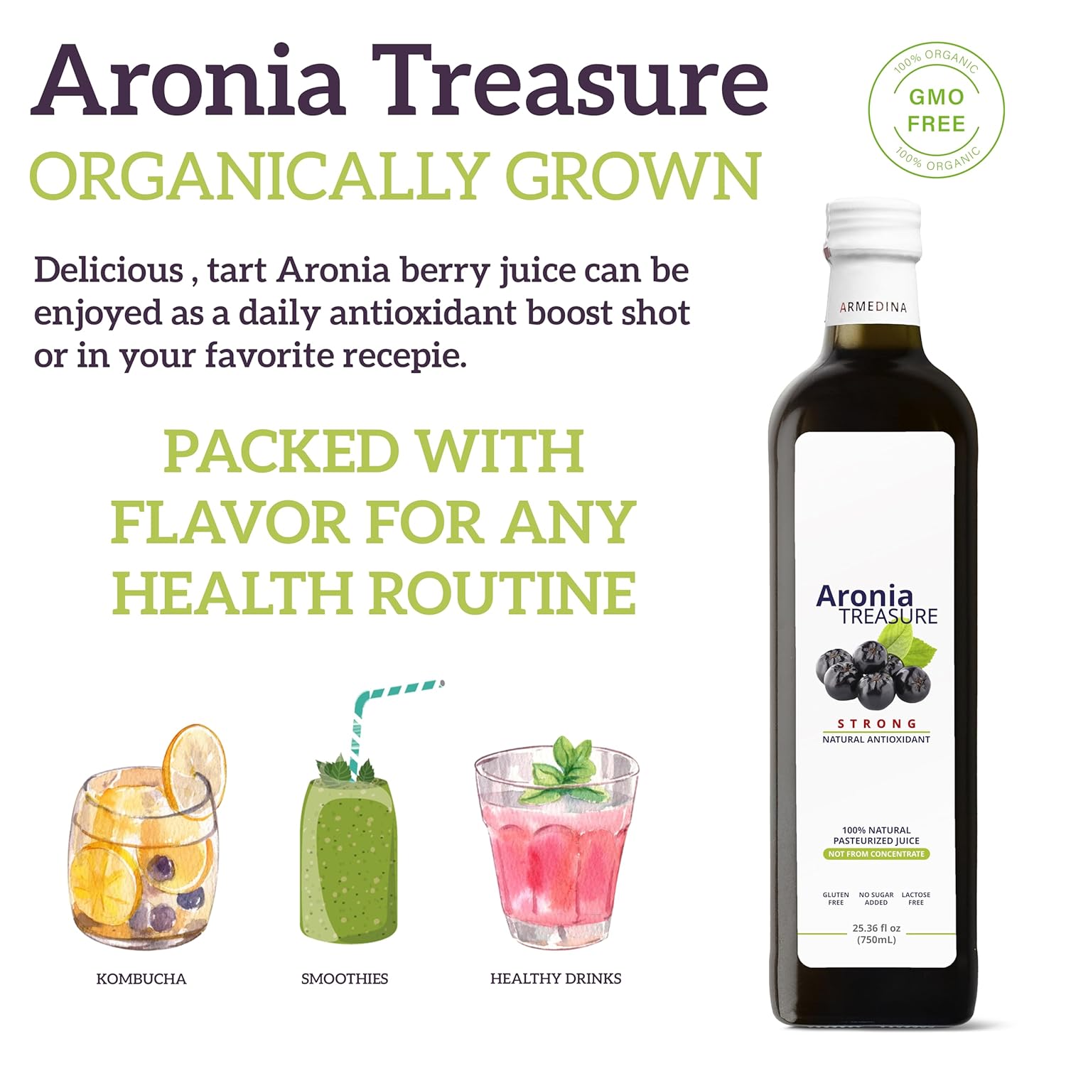 2 Aronia Treasure Jugo de bayas 100% de Aronia (Chokeberry) suministro de 1 mes, 1 disparo por día. Di sí a reovery, energía y protección