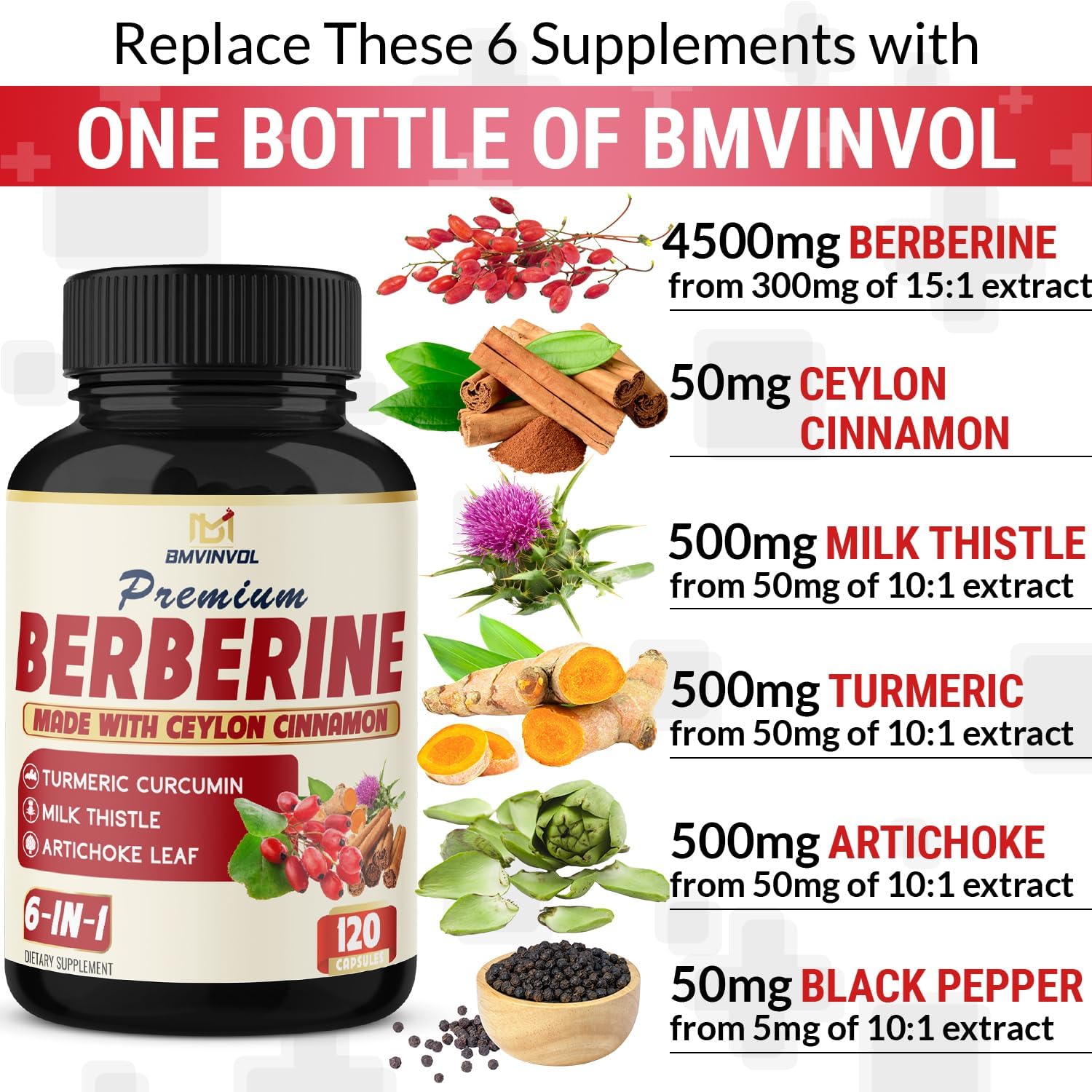 BMVINVOL Berberina HCl 6 en 1 equivalente a 6100 mg – 120 cápsulas – Más canela de Ceilán, cardo mariano, cúrcuma, alcachofa – Suplementos de raíz