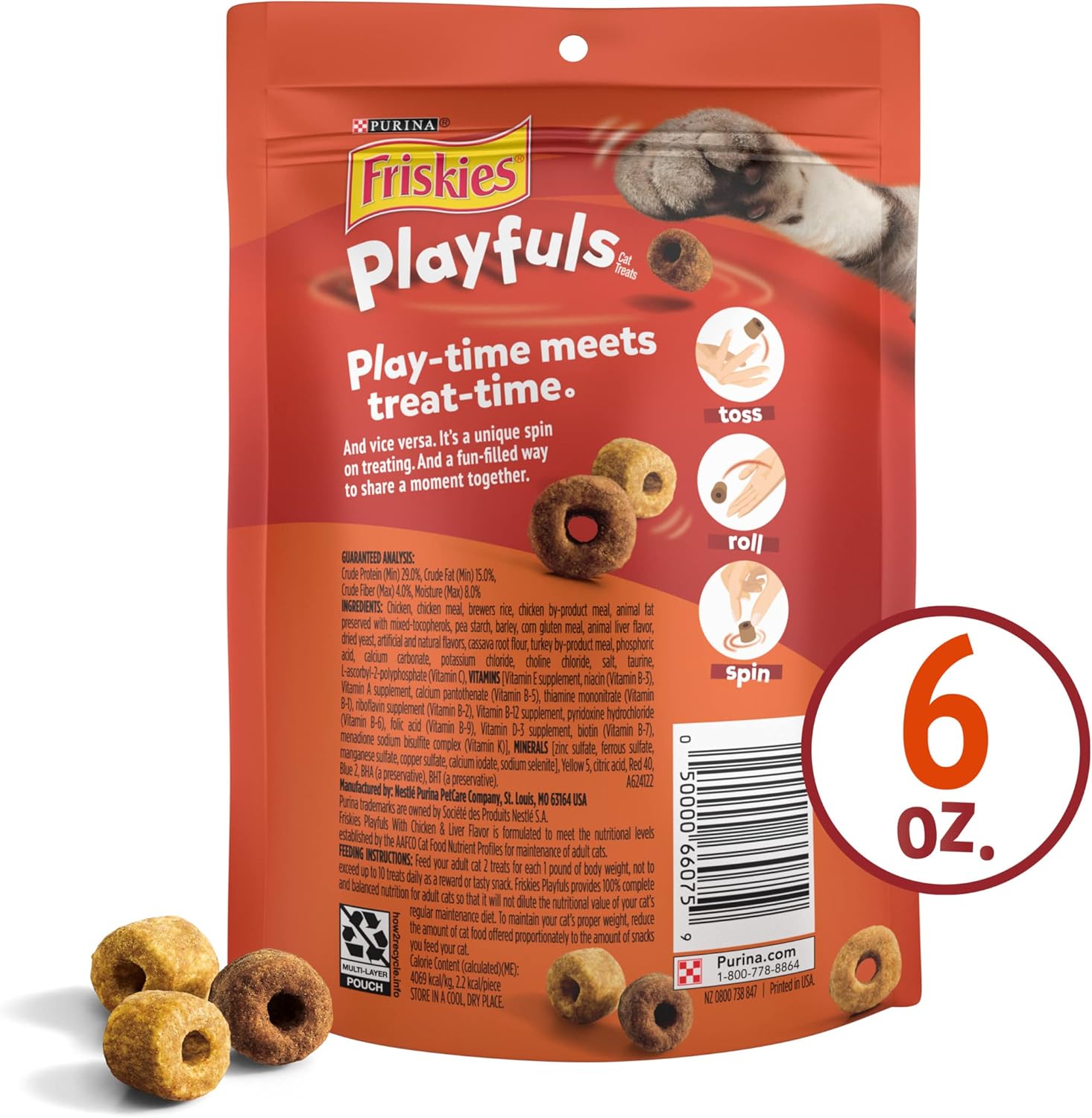 Purina Friskies Playfuls – Golosinas para gatos con sabor a pollo e hígado (paquete de 6) bolsas de 6 onzas