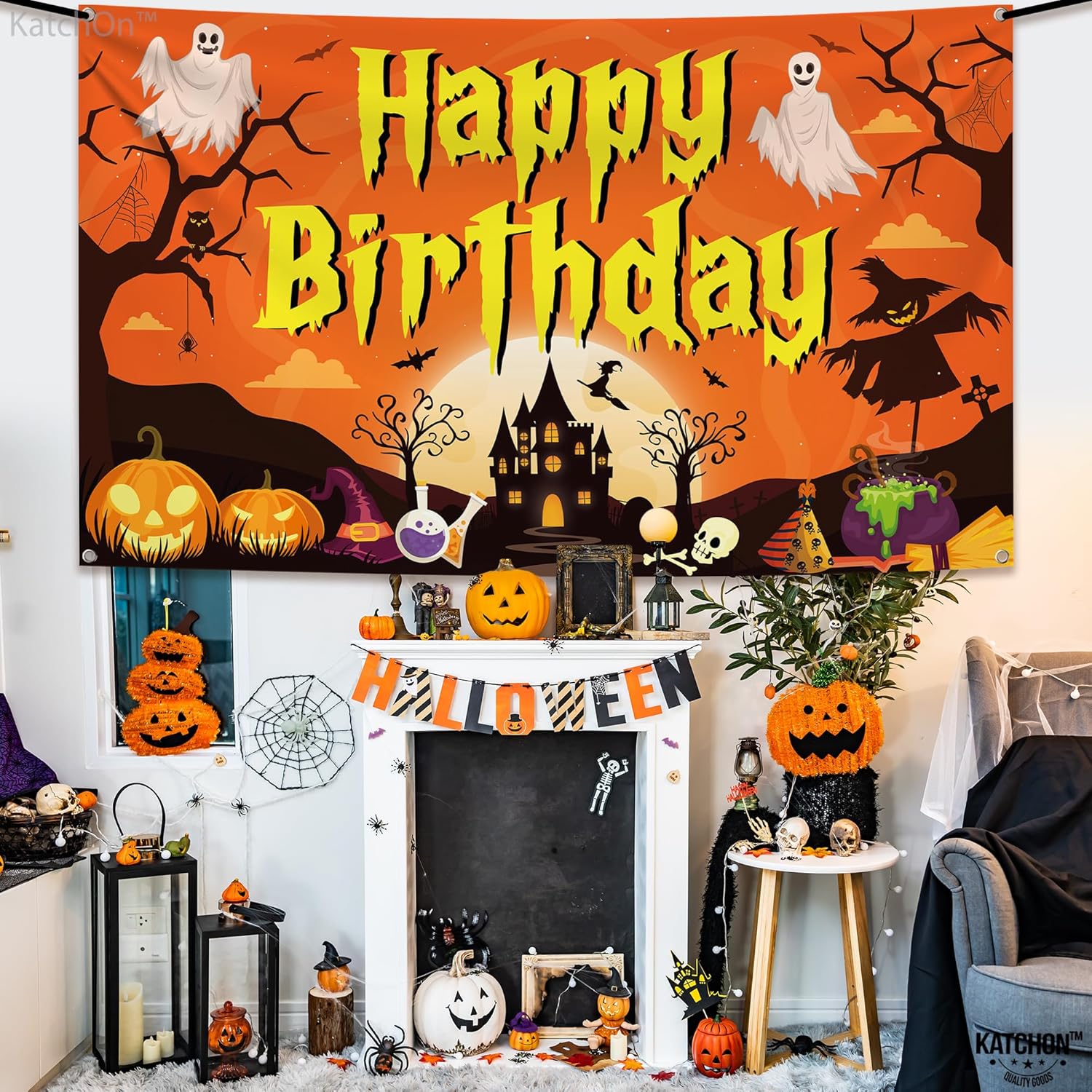 KatchOn, Pancarta espeluznante de Halloween con texto en inglés Happy Birthday  Extra grande, 72 x 44 pulgadas, telón de fondo de calabaza de
