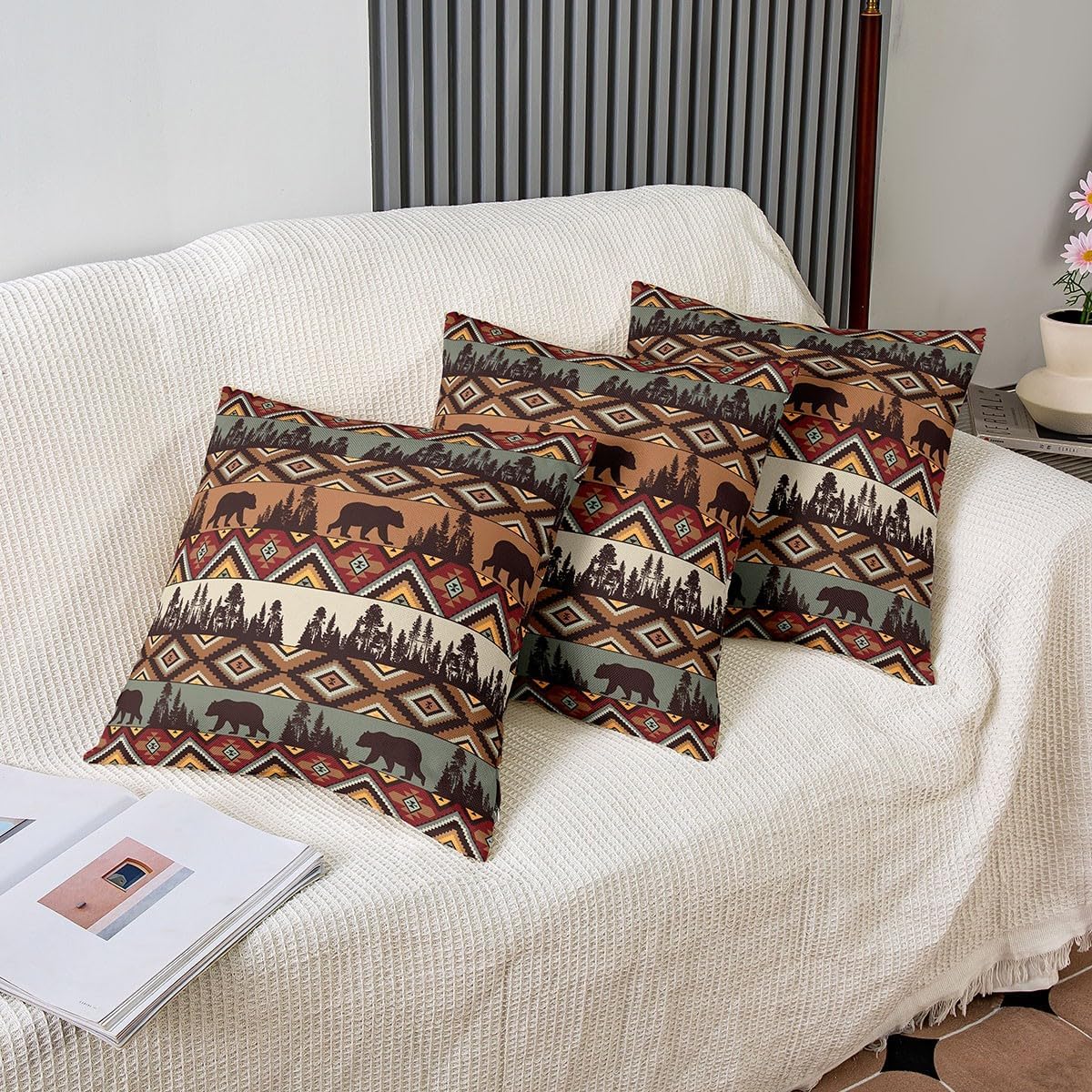 Juego de 2 fundas de almohada de oso azteca de 20 x 20 pulgadas, fundas de cojín estilo occidental para sofá, cama, sillón, diseño tribal étnico