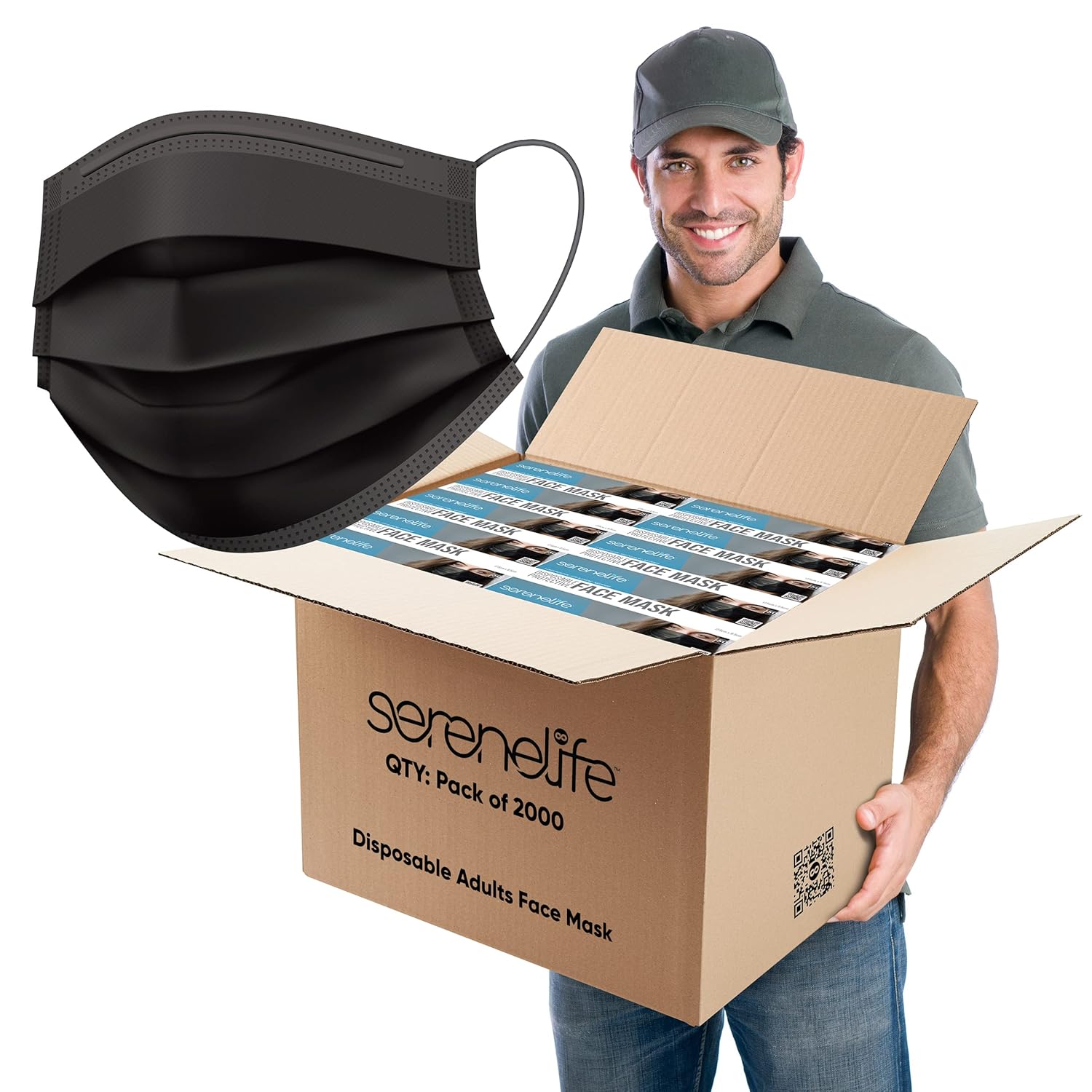 Disposable Face Masks SereneLife SL3PLY2000 – 2000 máscaras faciales negras de 3 capas, para cubrir el polvo, cubierta de boca y protector de nariz