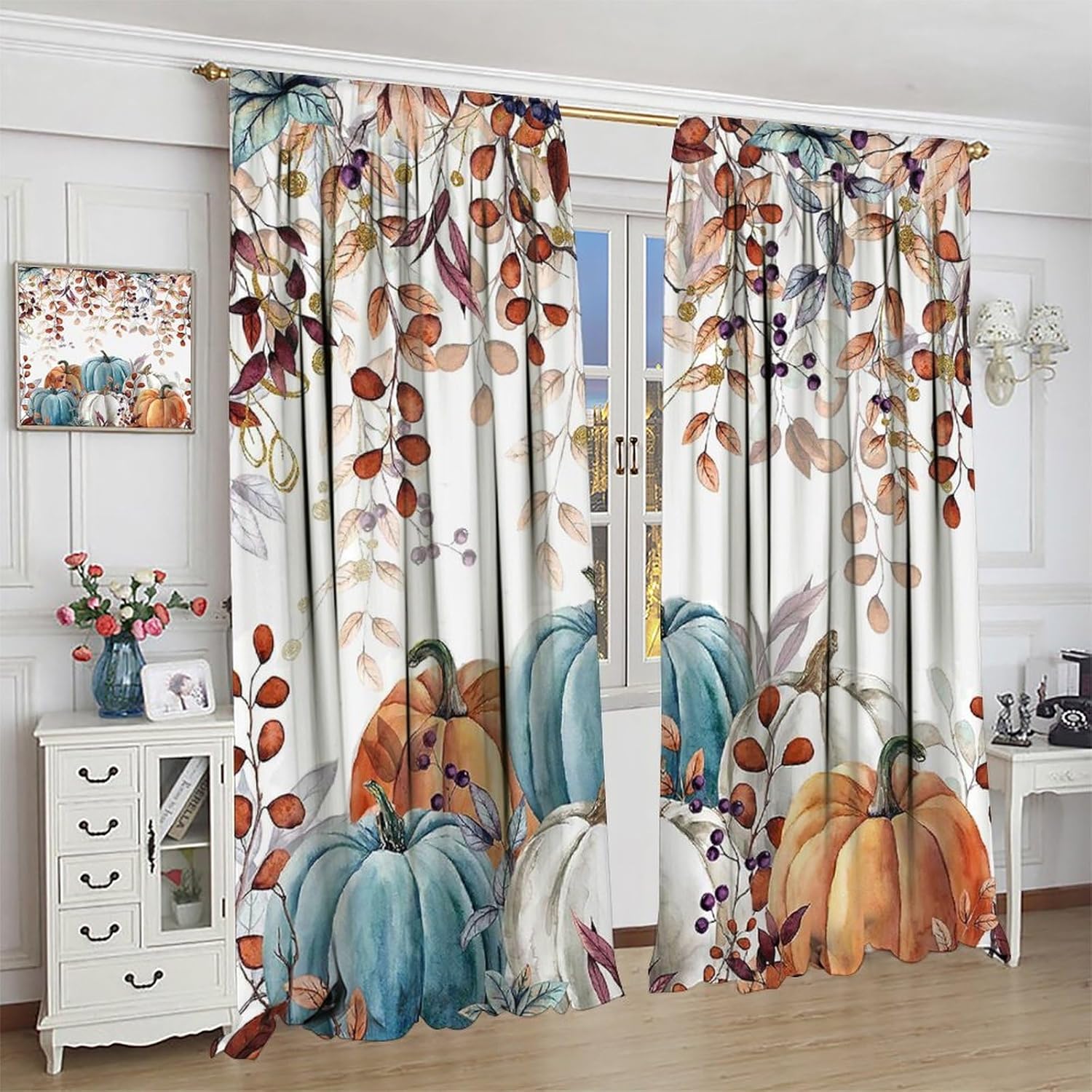 Cortinas de otoño de Acción de Gracias, acuarela, calabazas de otoño, hojas de eucalipto, decoración para el hogar, decoración de otoño de granja,