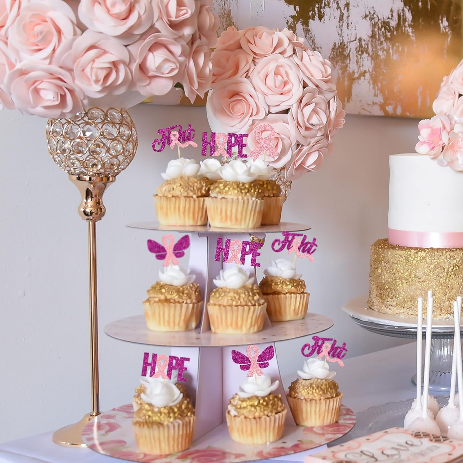 Gyufise 24 piezas de adornos para cupcakes con purpurina para concientización sobre el cáncer de mama, mariposa, lucha, esperanza, beliveve, cinta