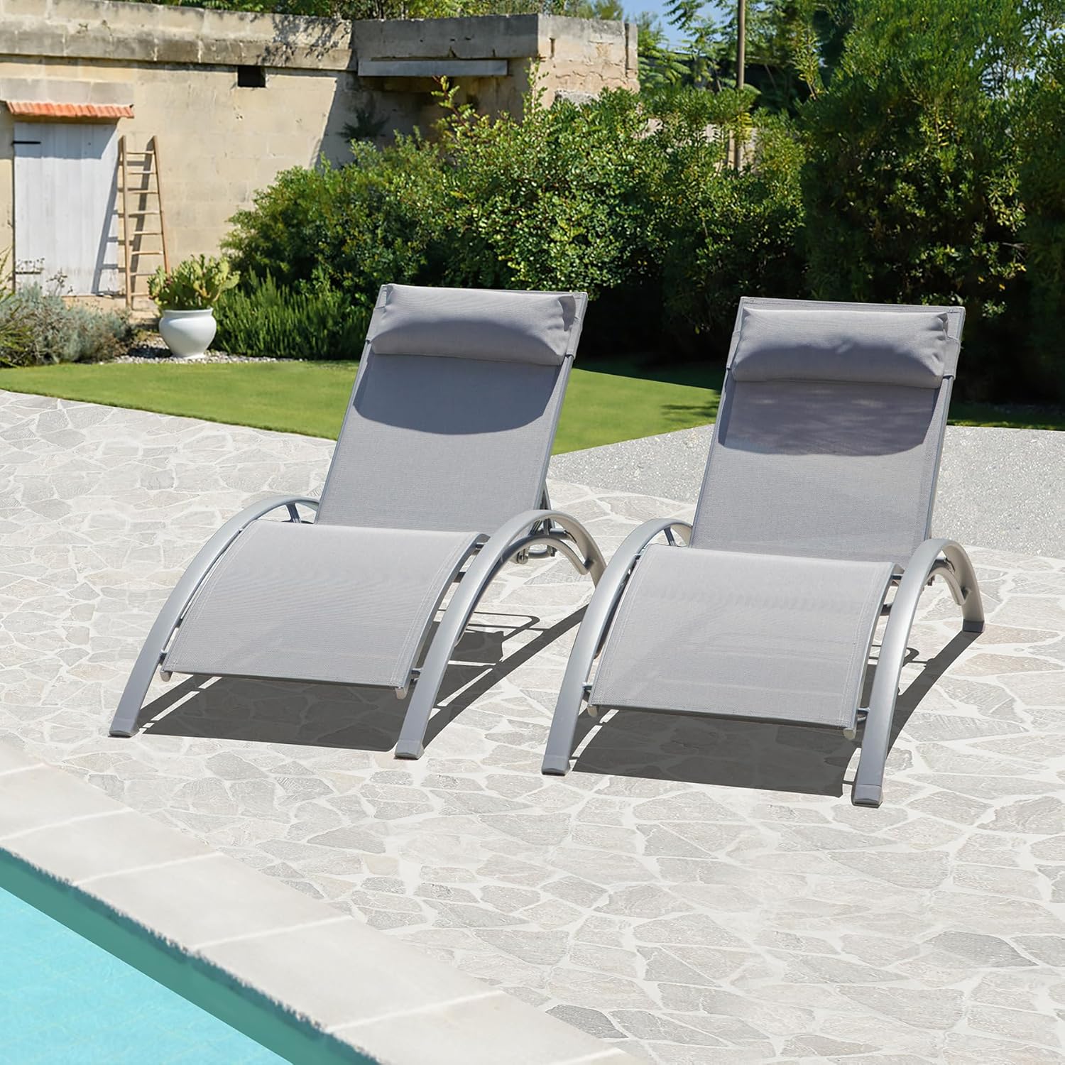 Domi – Juego de 2 sillas de piscina ajustables de aluminio, para exteriores, sillas de piscina para todo tipo de clima, para terraza, césped,