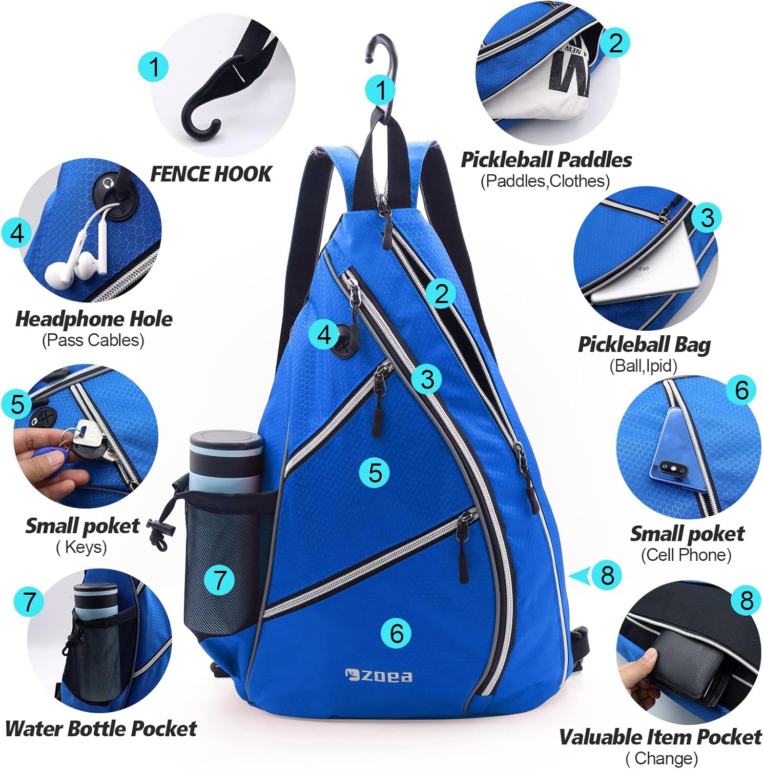 ZOEA Bolsa de pickleball deportiva para mujeres y hombres, mochila ajustable de pickleball con gancho para cerca, se adapta a 4 paletas y todos tus