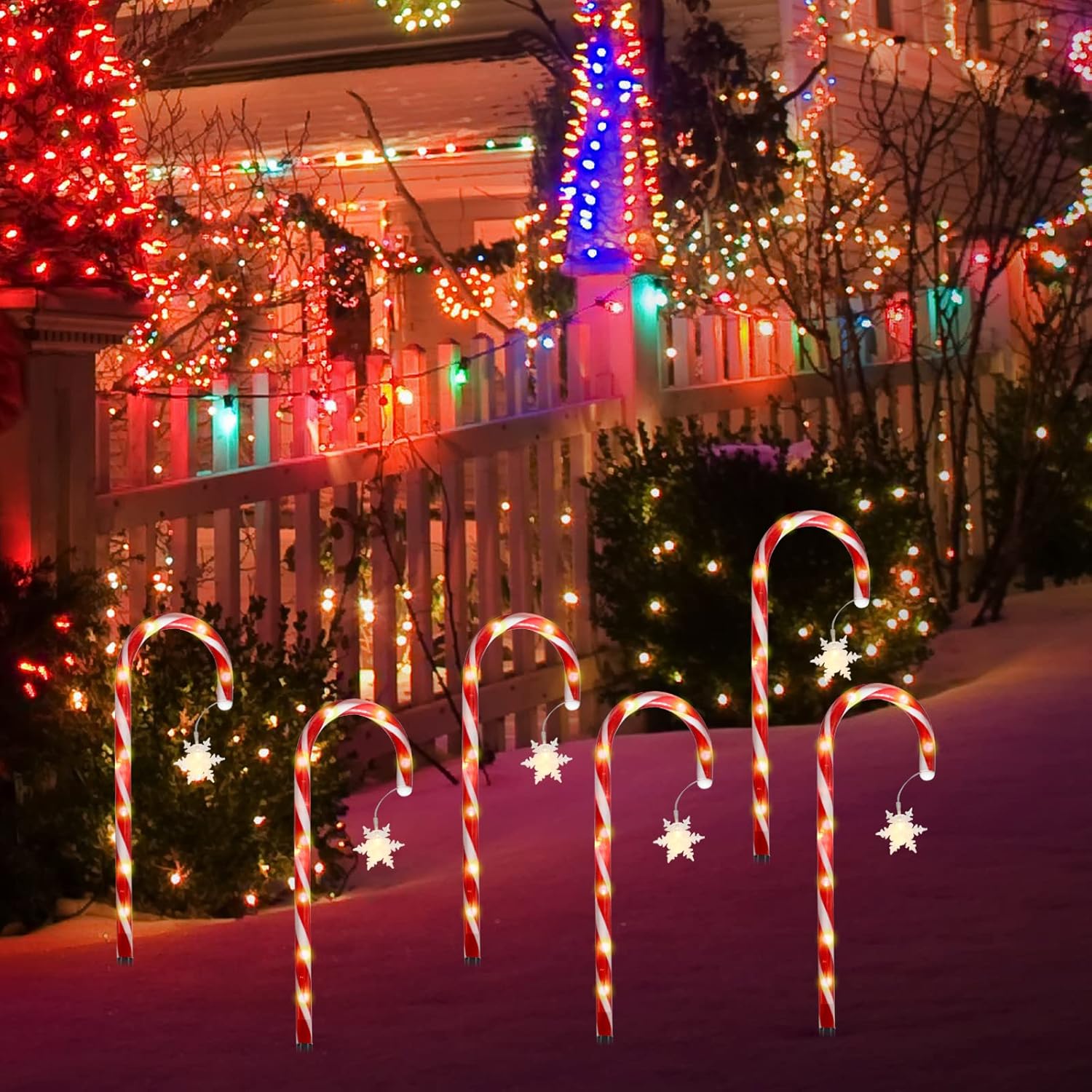 Luces solares de bastón de caramelo de Navidad con copo de nieve, luces solares mejoradas para marcadores de camino, paquete de 8 decoraciones de