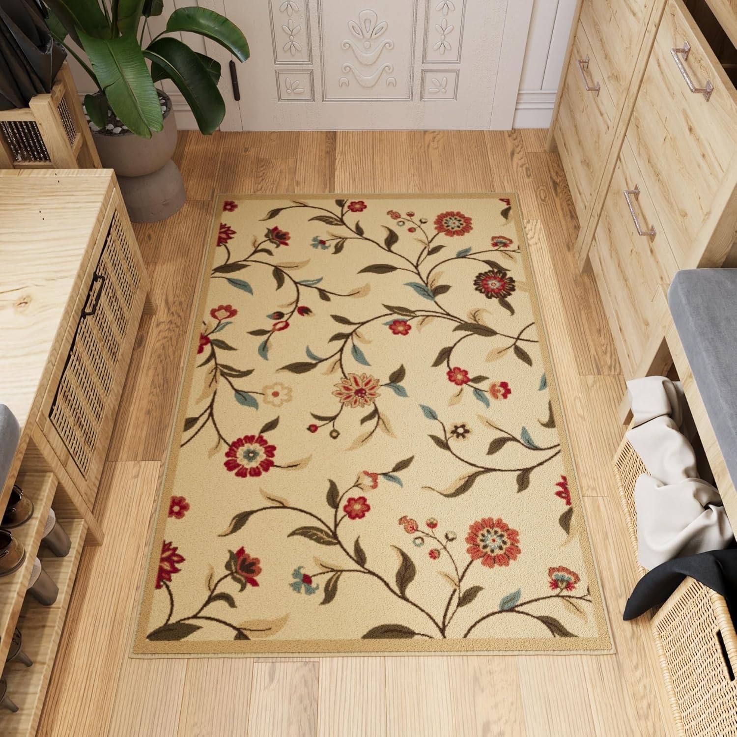 Ottomanson Ottohome Collection – Alfombra antideslizante de goma con diseño de hojas florales de 3 x 5 pies, 3 pies 3 pulgadas x 5 pies, color beige