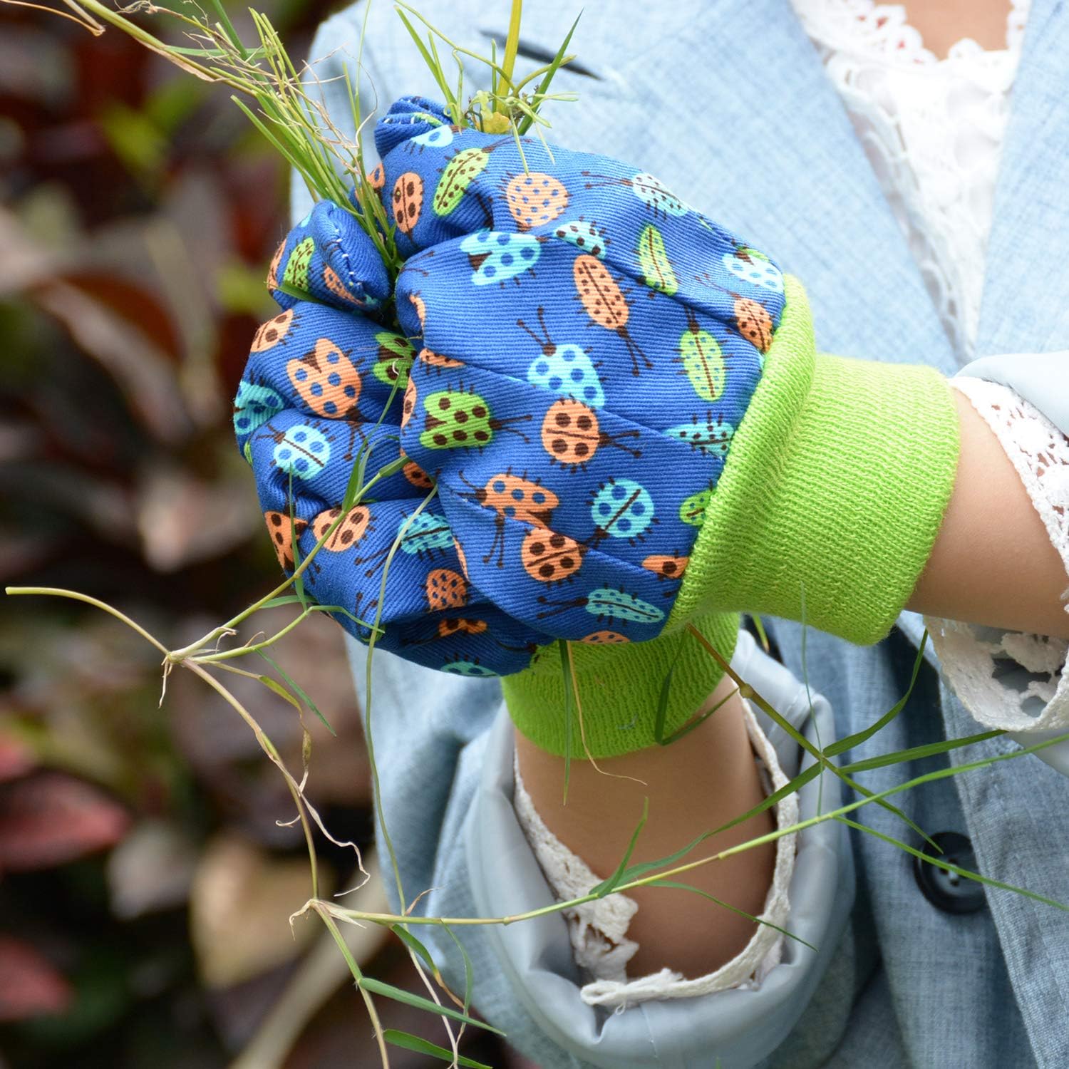 HANDLANDY Guantes de jardinería para niños de 5 a 8 años, guantes de trabajo de jardín para niñas y niños (verde (pájaro + punto), talla M (edad