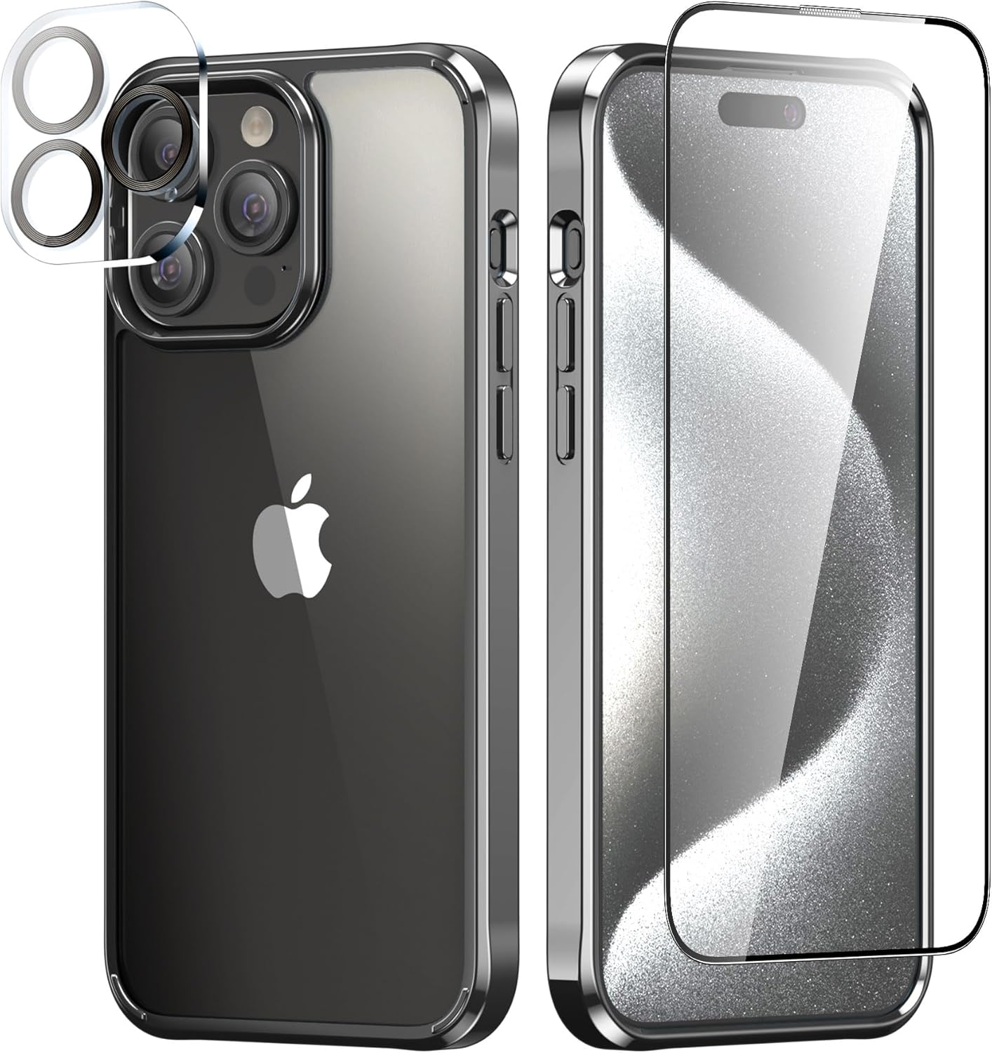 Foluu Funda ultradelgada para iPhone 15 Pro Max 2023 con protector de pantalla de vidrio templado y protector de lente de cámara, chapado duro