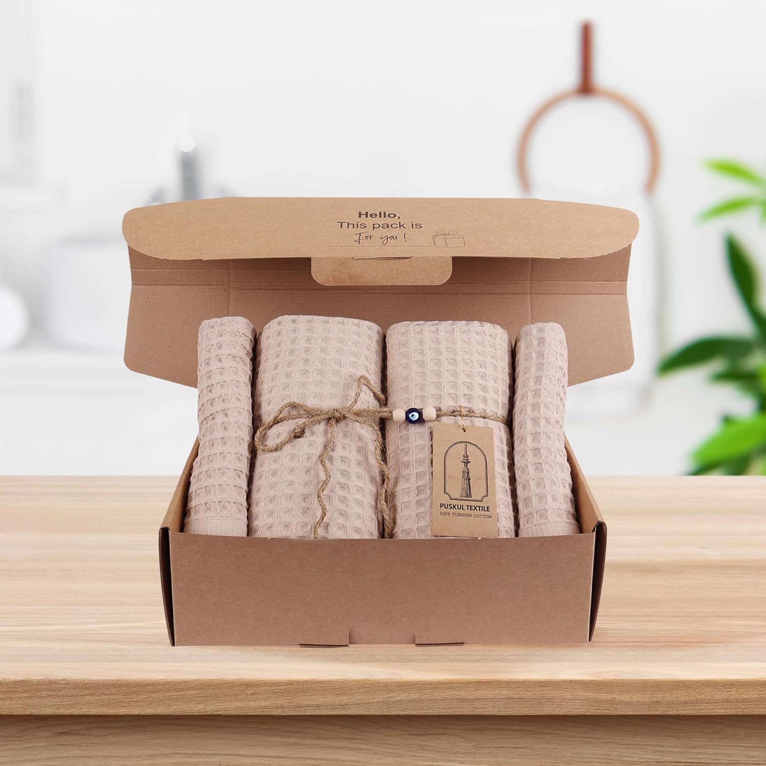 Püskül – Juego de 4 toallas de punto gofre para baño, algodón turco orgánico de primera calidad, 2 toallas de mano y 2 toallas de baño (beige)