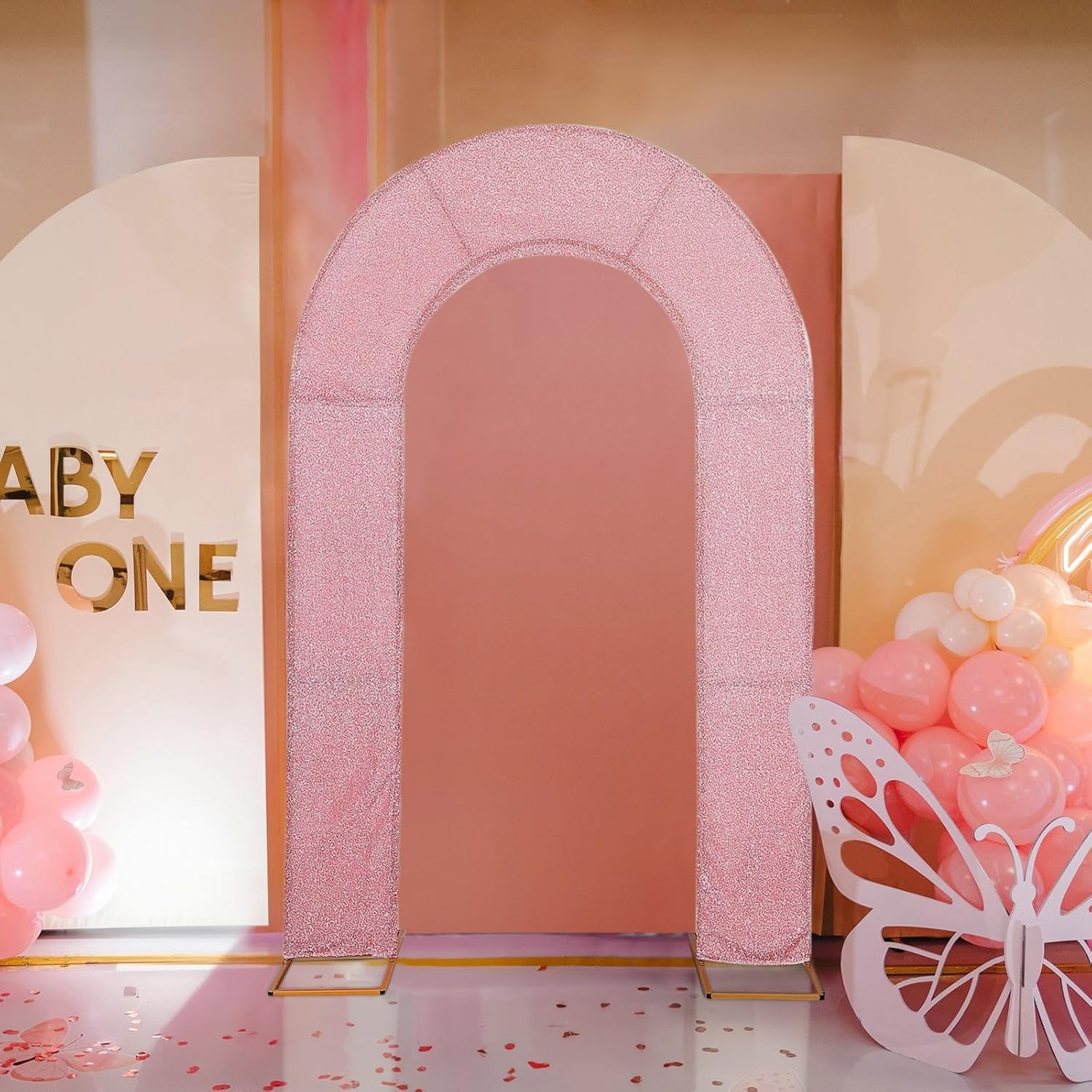 Efavormart – Cubierta de telón de fondo de arco abierto de 7 pies, color oro rosa brillante, de elastano, con doble cara en forma de U, para arco de