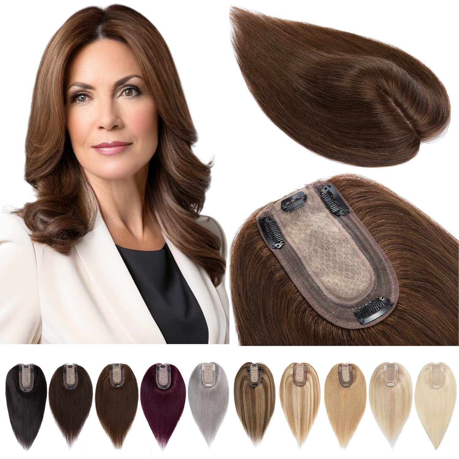 Toppers para el cabello para mujer, cabello humano real, sin flequillo, base de seda, 150% de densidad, extensiones de cabello con clip, piezas de