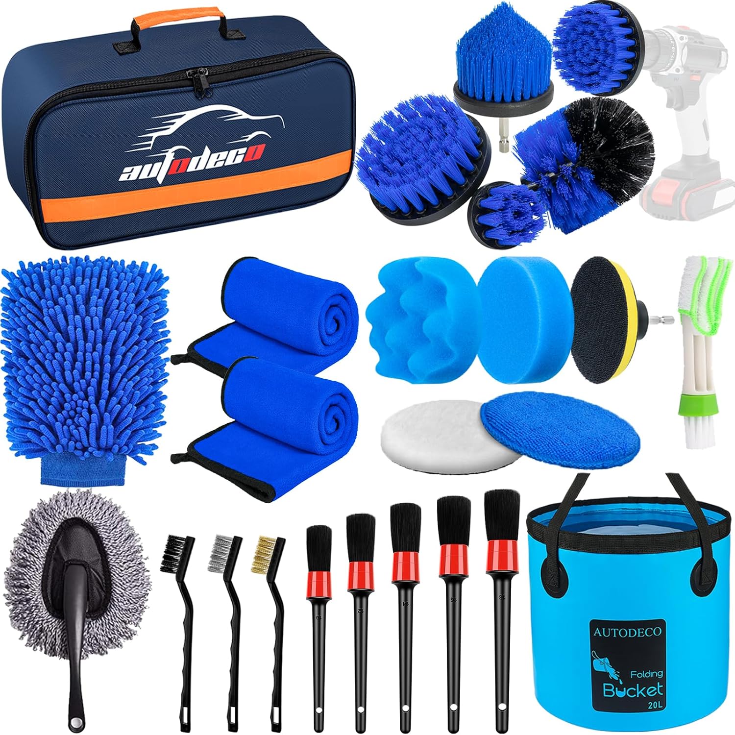 AUTODECO Juego de 24 cepillos para detalles de automóvil, kit de detallado de automóvil, juego de cepillos de taladro para detallado automático,