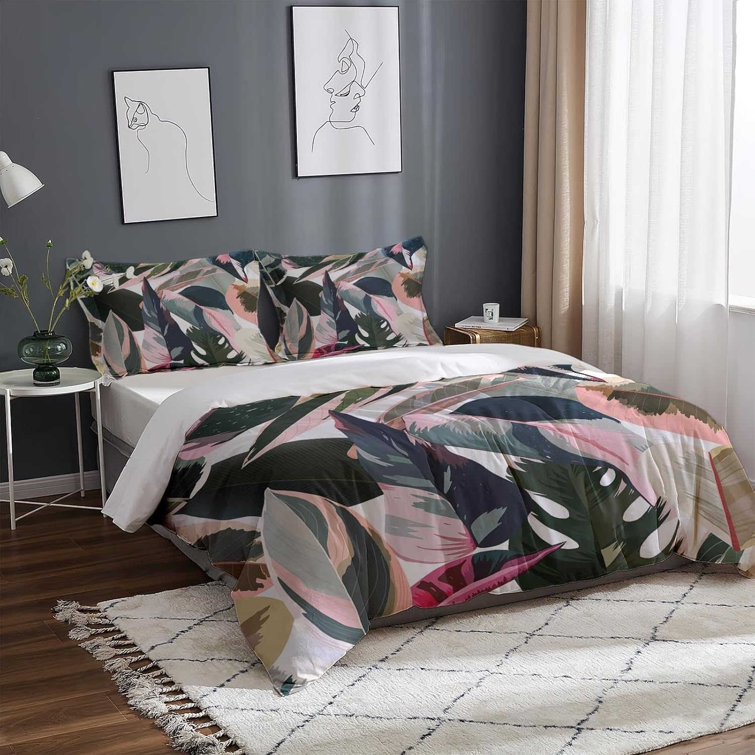 Juego de funda de edredón con temática de plantas tropicales, funda de edredón colorida de hojas de plátano, ropa de cama de 3 piezas, decoración