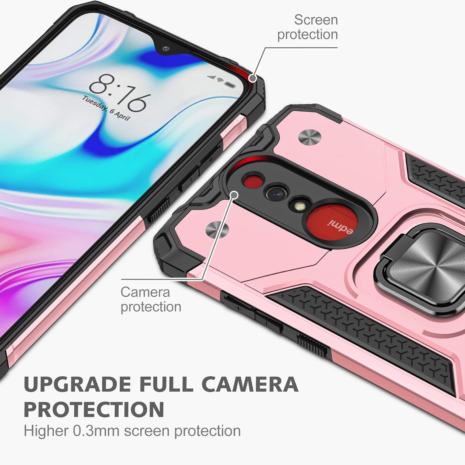 Asuwish Funda de teléfono para Xiaomi Redmi 8A Redme 8 con protector de pantalla de vidrio templado y soporte de anillo delgado híbrido protector