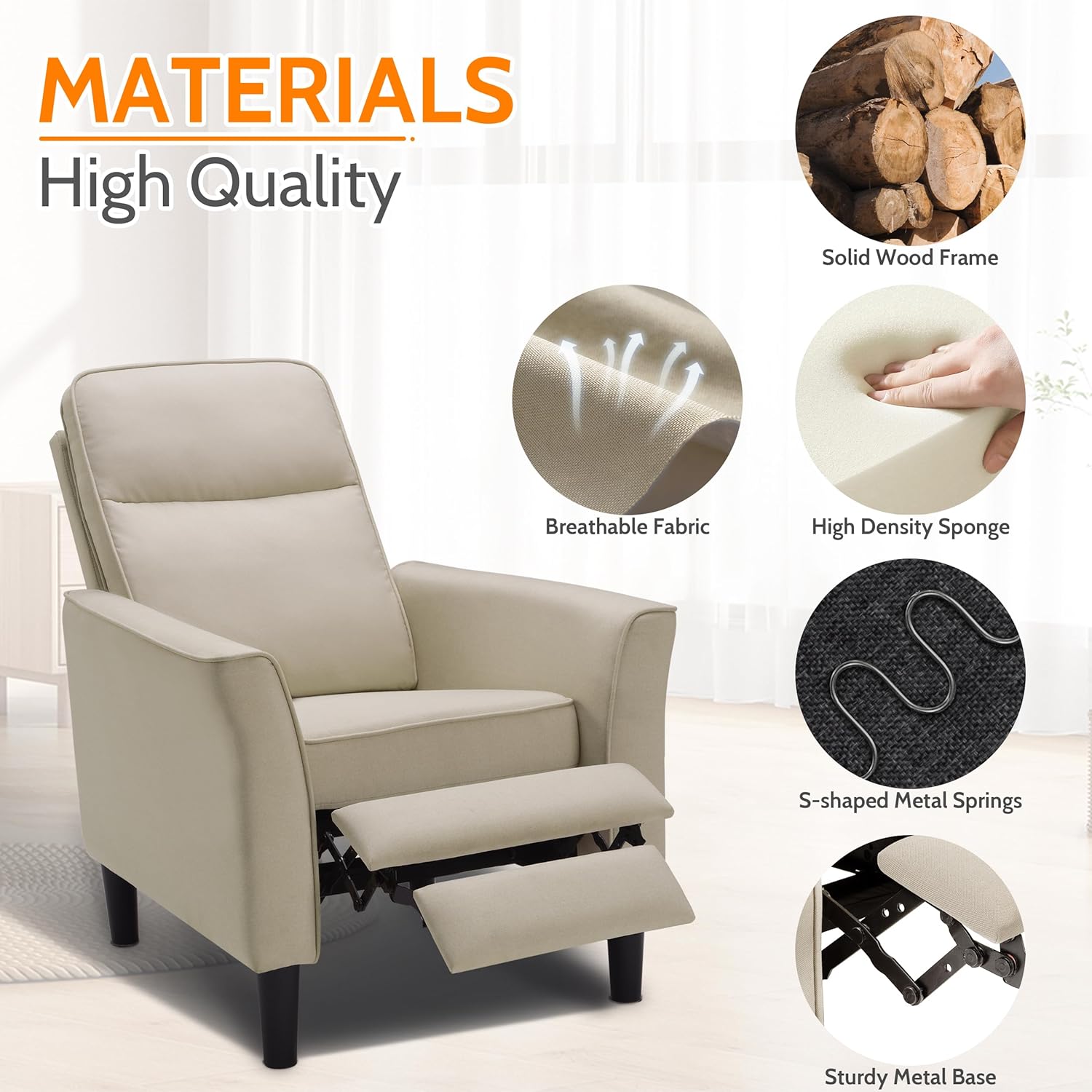 PrimeZone Silla reclinable de tela, sofá reclinable moderno de mediados de siglo, silla reclinable ergonómica ajustable con respaldo más grueso y