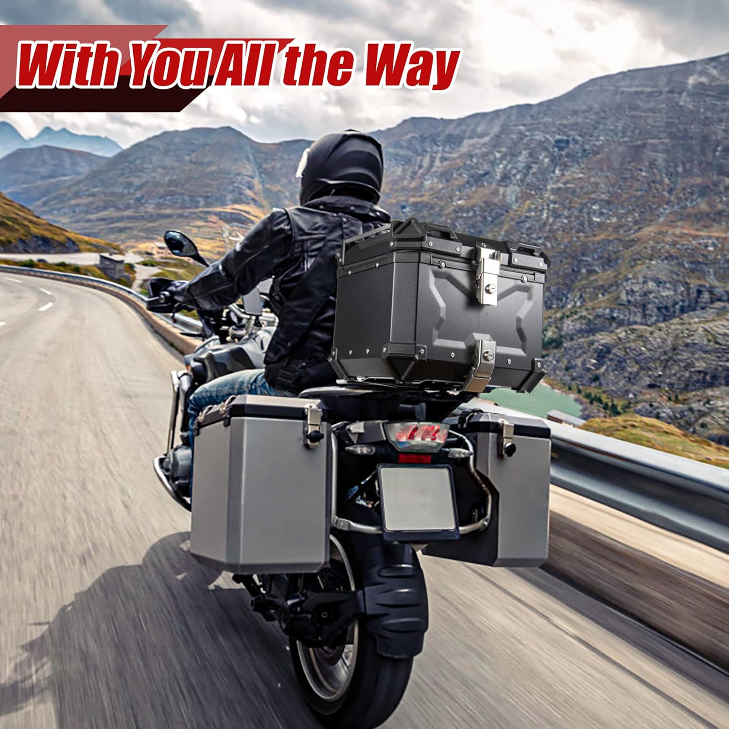 Kumaziin Top Case – Caja de aluminio para motocicleta de 45 litros con bloqueo de seguridad único, caja trasera plateada segura y duradera, fácil de