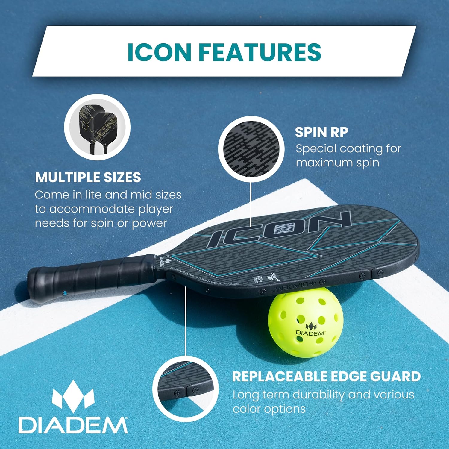 Diadem ICON Performance Pickleball Paddle  Fibra de carbono de grafito, núcleo de nido de abeja, cara de fibra de vidrio, protector de borde ultra