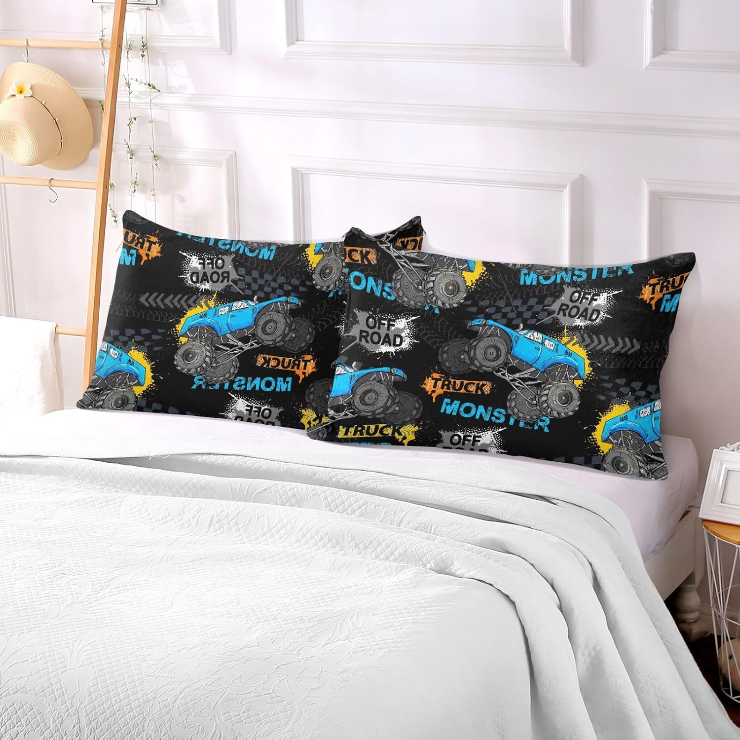 Funda de almohada de terciopelo con neumáticos de camión monstruo, funda de almohada larga de franela con cremallera oculta para mujeres y hombres,