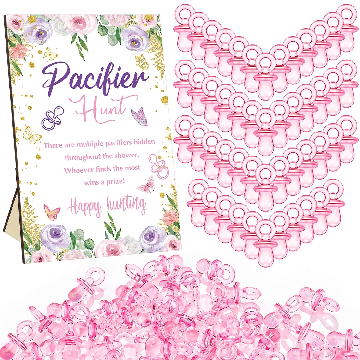 51 juegos geniales para baby shower, incluyen letrero de caza de chupete de mariposa y 50 chupetes acrílicos para bebé, mini chupetes para fiesta de