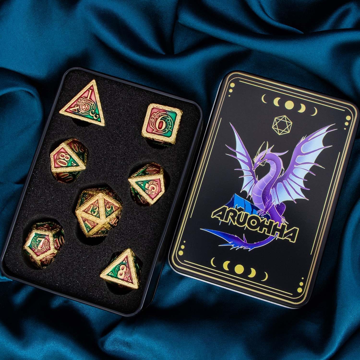 ARUOHHA Juego de dados de música DND con caja de regalo, dados poliédricos de metal rojo y verde, dados D&D, juegos de rol de mazmorras y dragones,