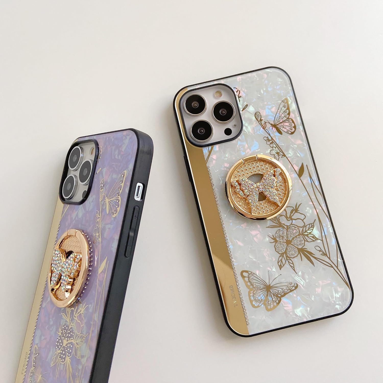 AmazFCCY Funda con función atril para iPhone 15 Pro Max de 6.7 pulgadas, bonita mariposa 3D con diamantes de imitación de lujo con purpurina