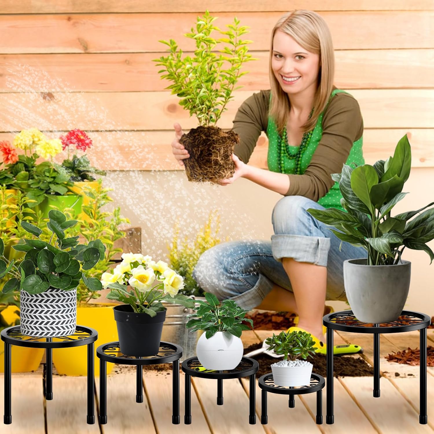 Paquete de 5 soportes de metal para plantas de hierro para exteriores, soporte para macetas en maceta, soporte para plantas en maceta, contenedor de