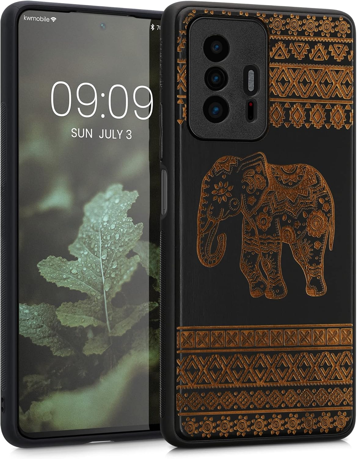 kwmobile Funda de madera compatible con Xiaomi 11T  11T Pro – Funda – Elefante de madera con patrón marrón claronegro