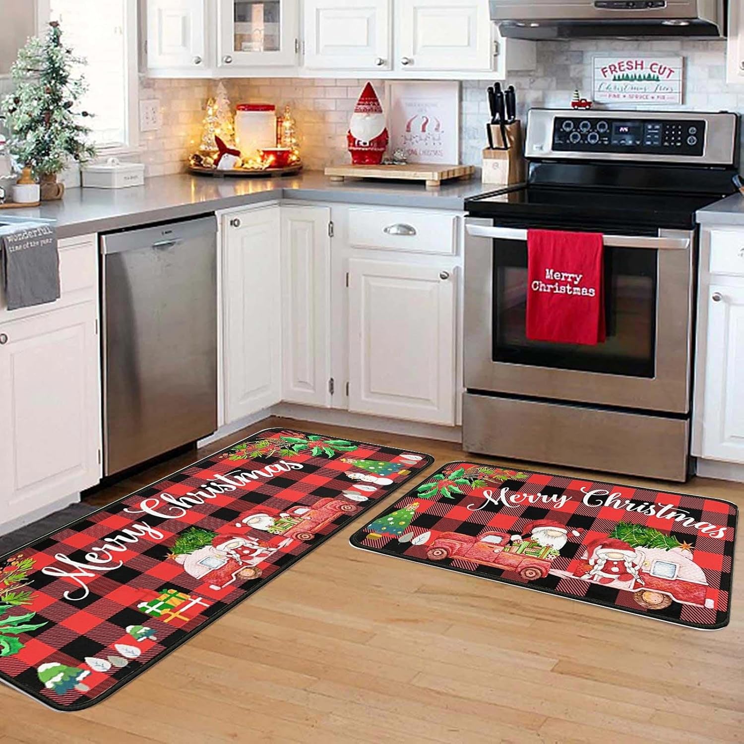 Alfombras de cocina navideñas con gnomo de Feliz Navidad, antideslizantes, acolchadas, resistentes a las manchas, lavables a máquina, juego de