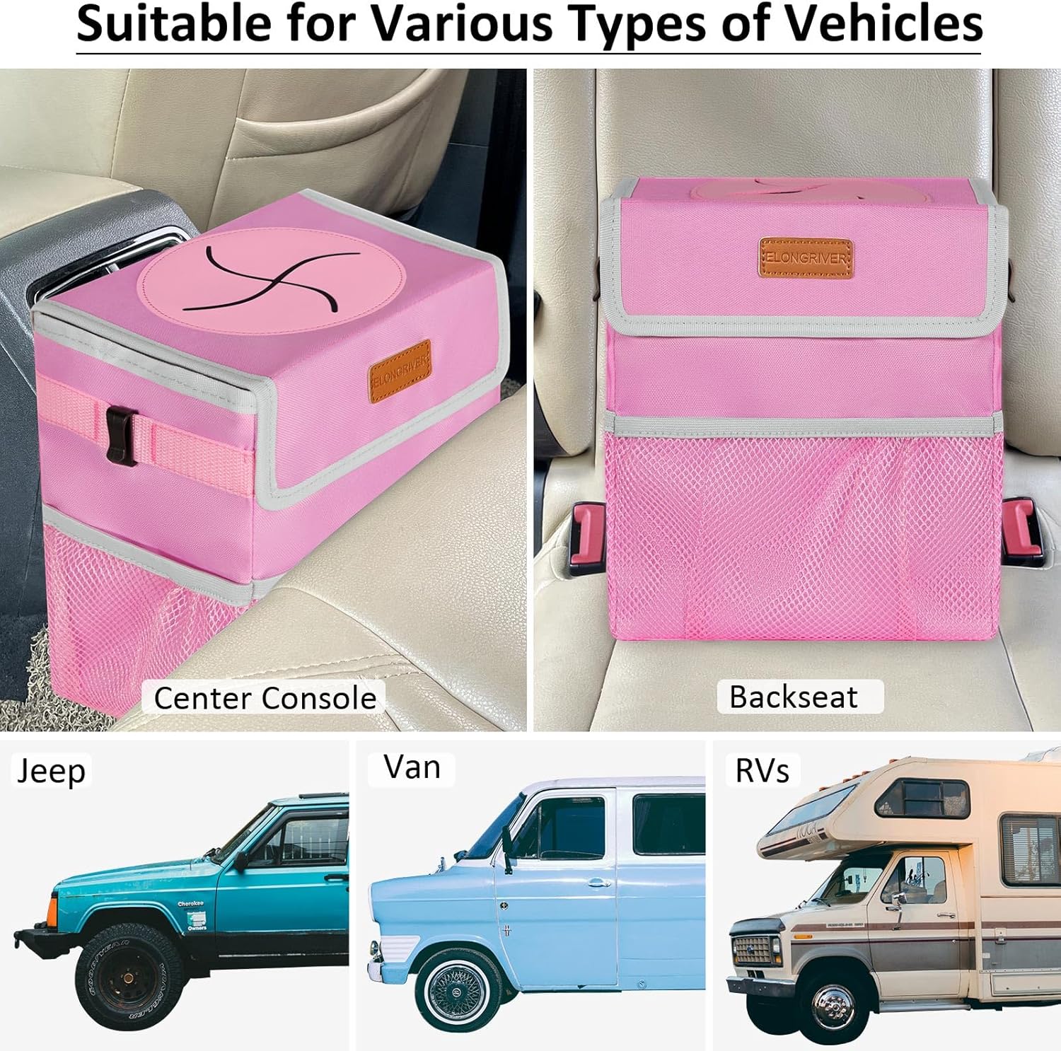 Basurero de coche para SUV, camiones, camionetas, color rosa, capacidad de 2 galones, forro a prueba de fugas, cierres de utilidad, bonito diseño