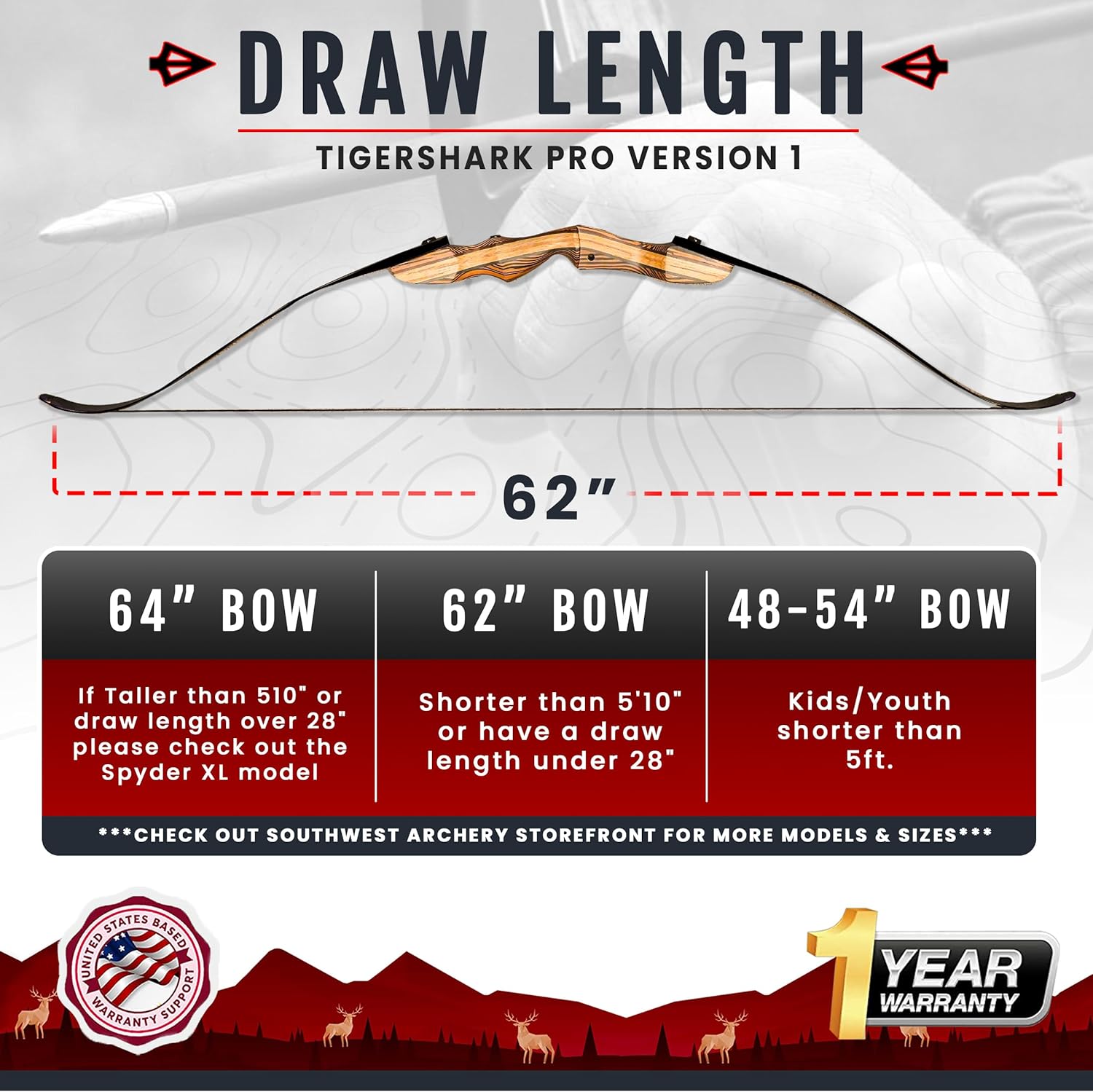 Tigershark Takedown – Arco recurvo  Versiones estándar y PRO  Arco de caza de 62 pulgadas  zurdo y diestro  Pesos de tracción en 16 lb-60 lb