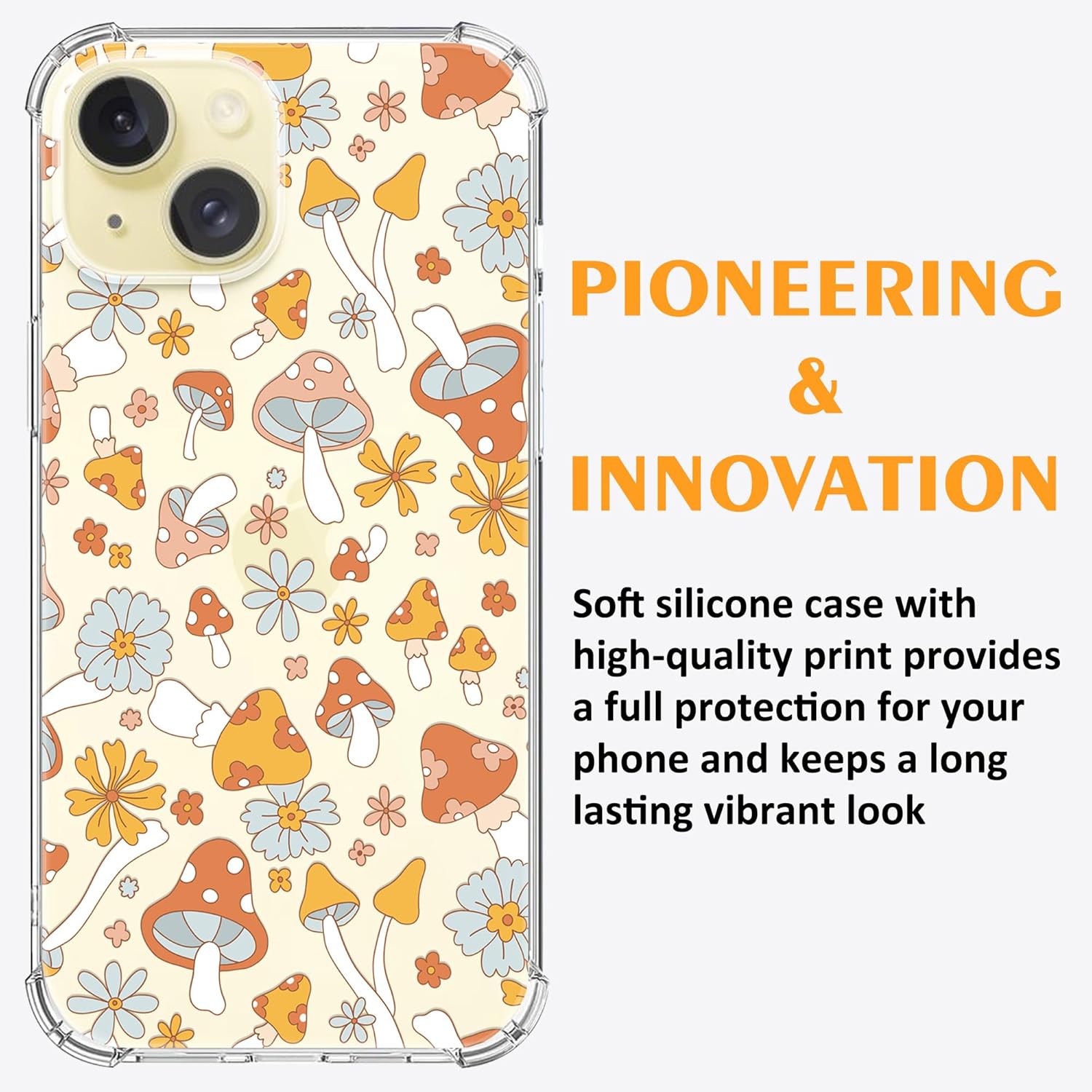 Funda transparente con diseño floral de hongos hippie retro diseñada para iPhone 15, diseño bohemio de hongos y flores, a la moda para niñas y