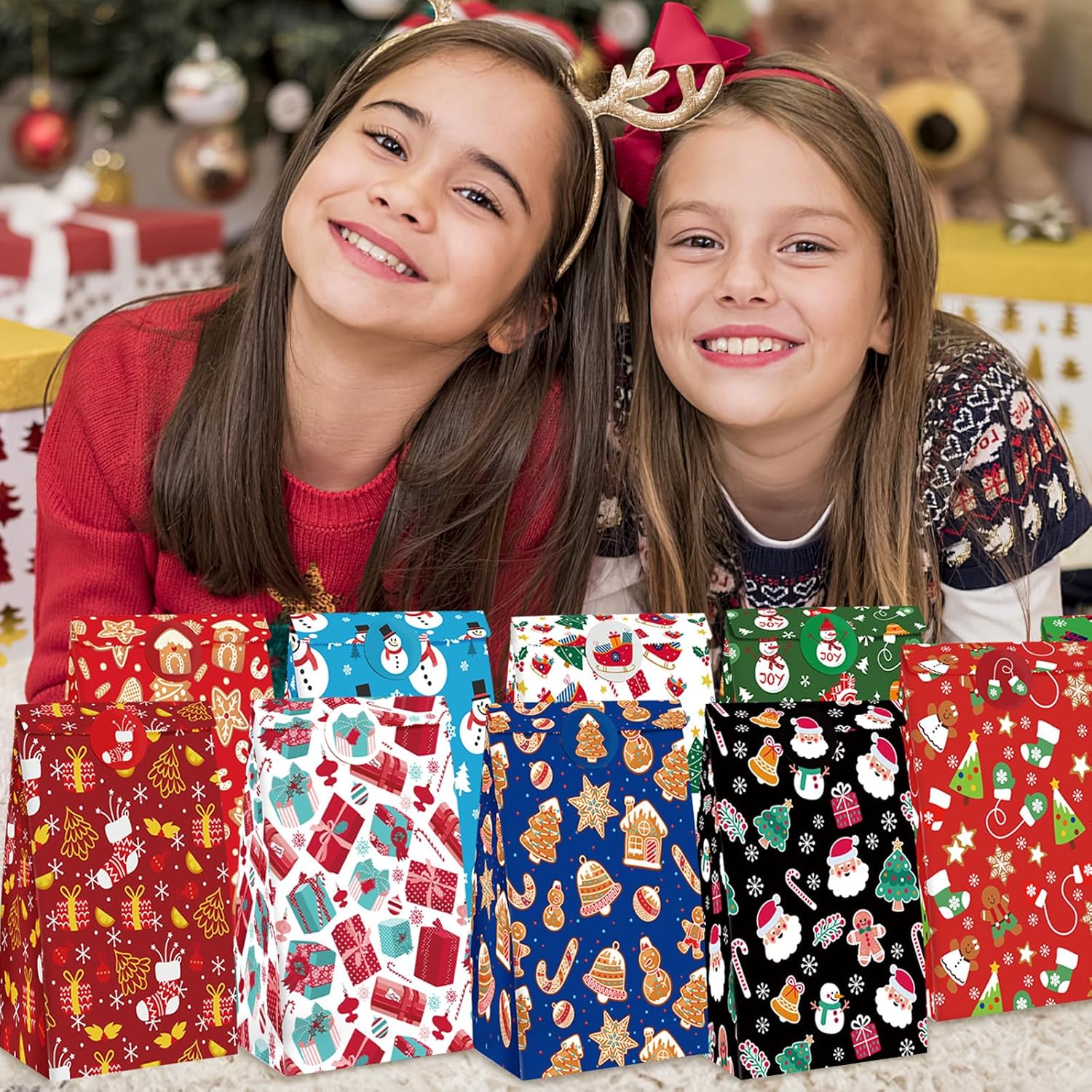 JOHOUSE 54 bolsas de regalos de Navidad, bolsas de regalo de Navidad con calcomanías de sellado, bolsas de regalo de Navidad para galletas,
