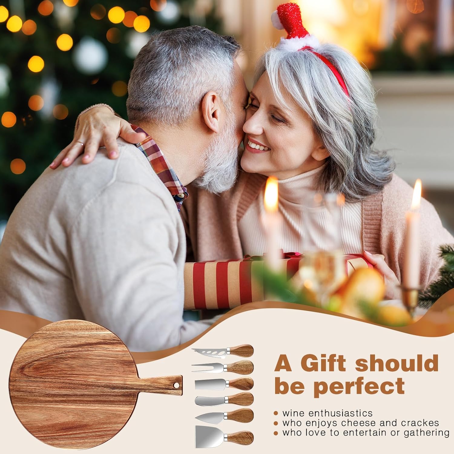 Juego de 6 tablas de queso de Navidad, tabla de cortar de madera de Navidad con mango y cuchillos de queso, tabla decorativa para quesos a granel