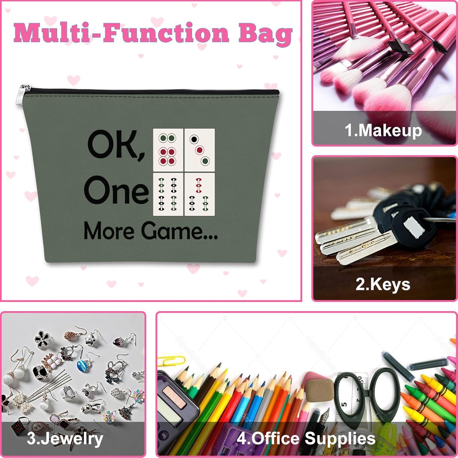 Mxrymvu Mahjong – Bolsa de maquillaje para niñas, regalo para amantes de Mahjong, bolsa de cosméticos, regalos de jubilación para ella, Gris