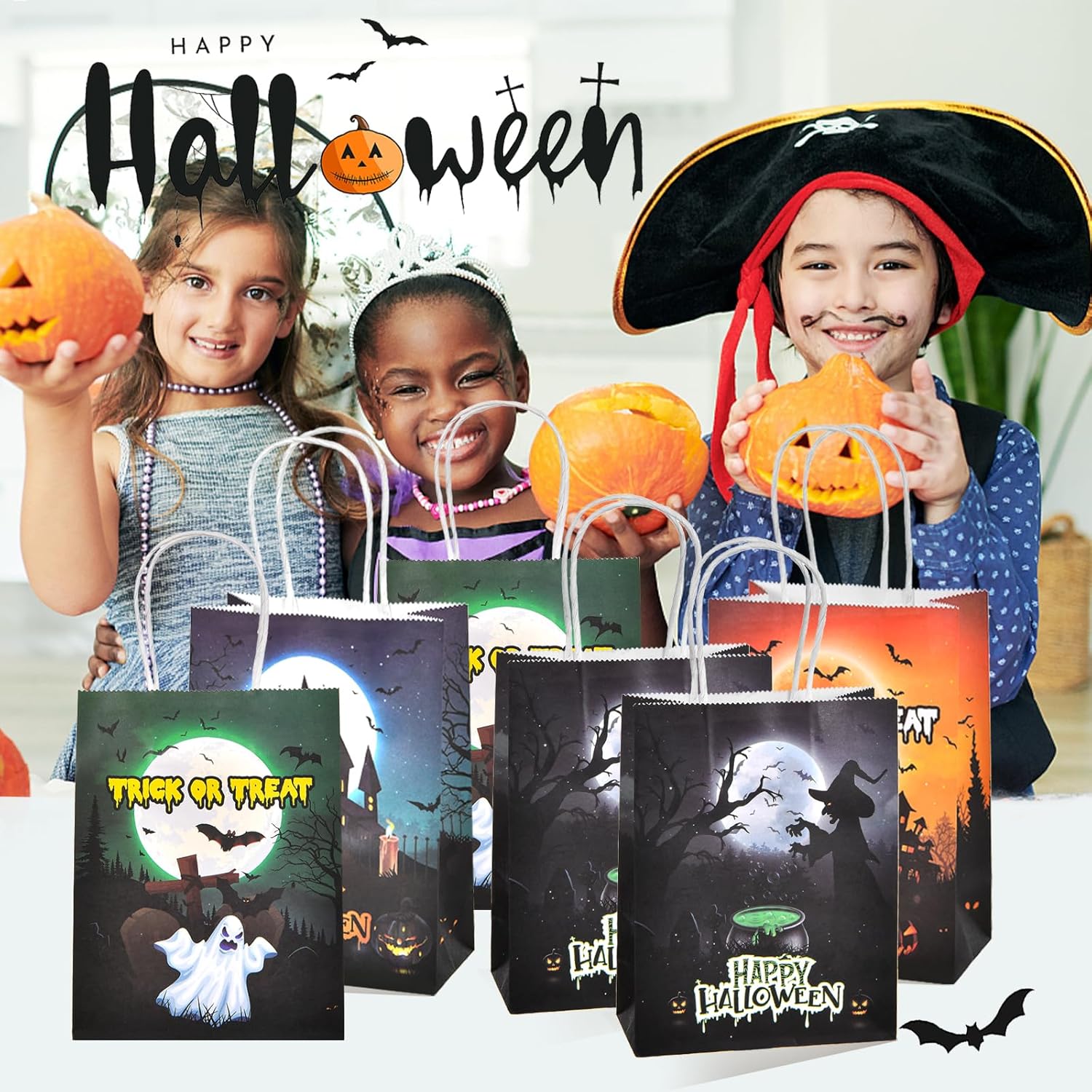 OGLARING – 24 bolsas de papel de regalo de Halloween, pequeñas bolsas de dulces de Halloween con asa, bolsas a granel para dulces o trucos para