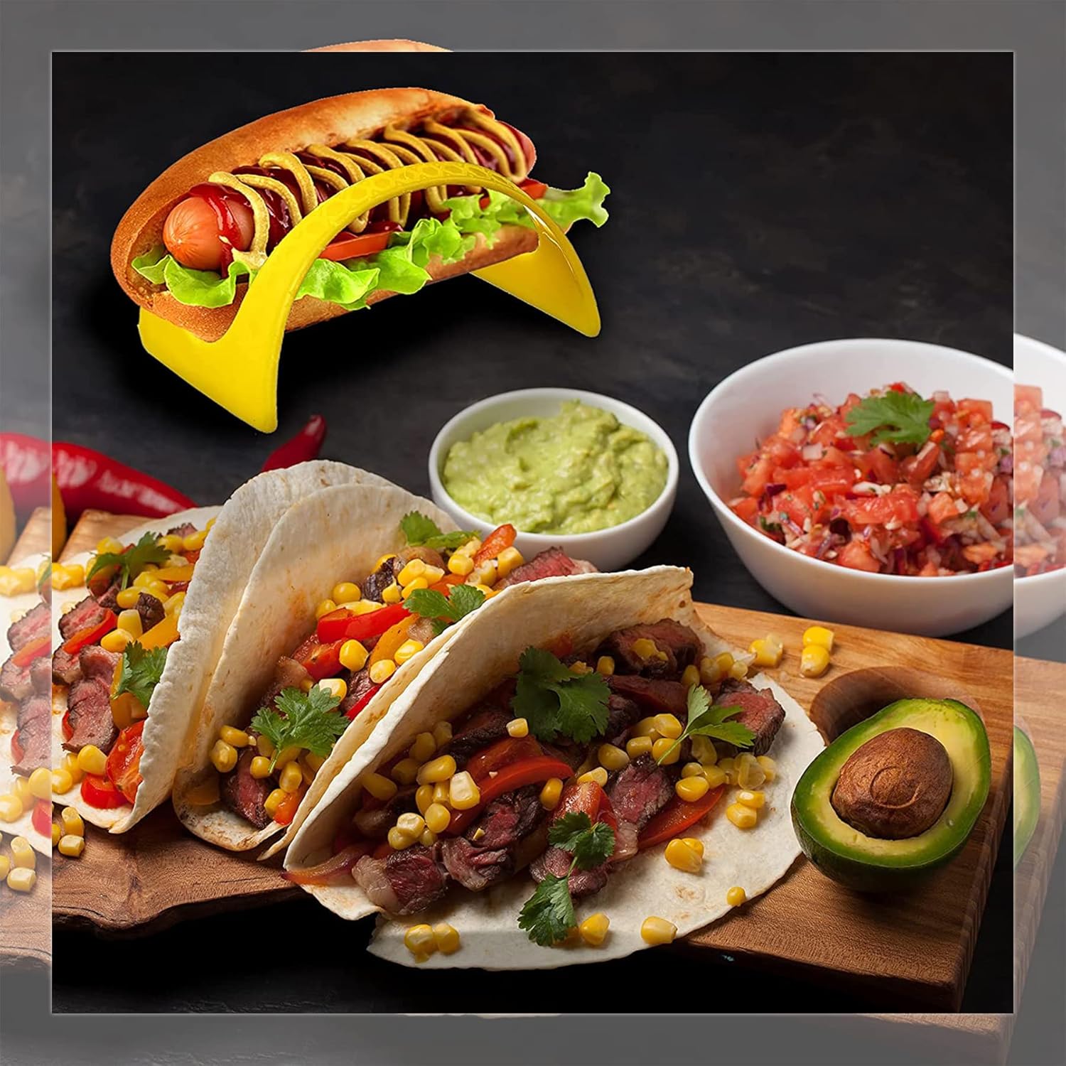 AOUXSEEM Paquete de 32 soportes para tacos con bolsa de almacenamiento, plástico no tóxico, sin BPA, colorido fondo plano, bandeja para tacos,