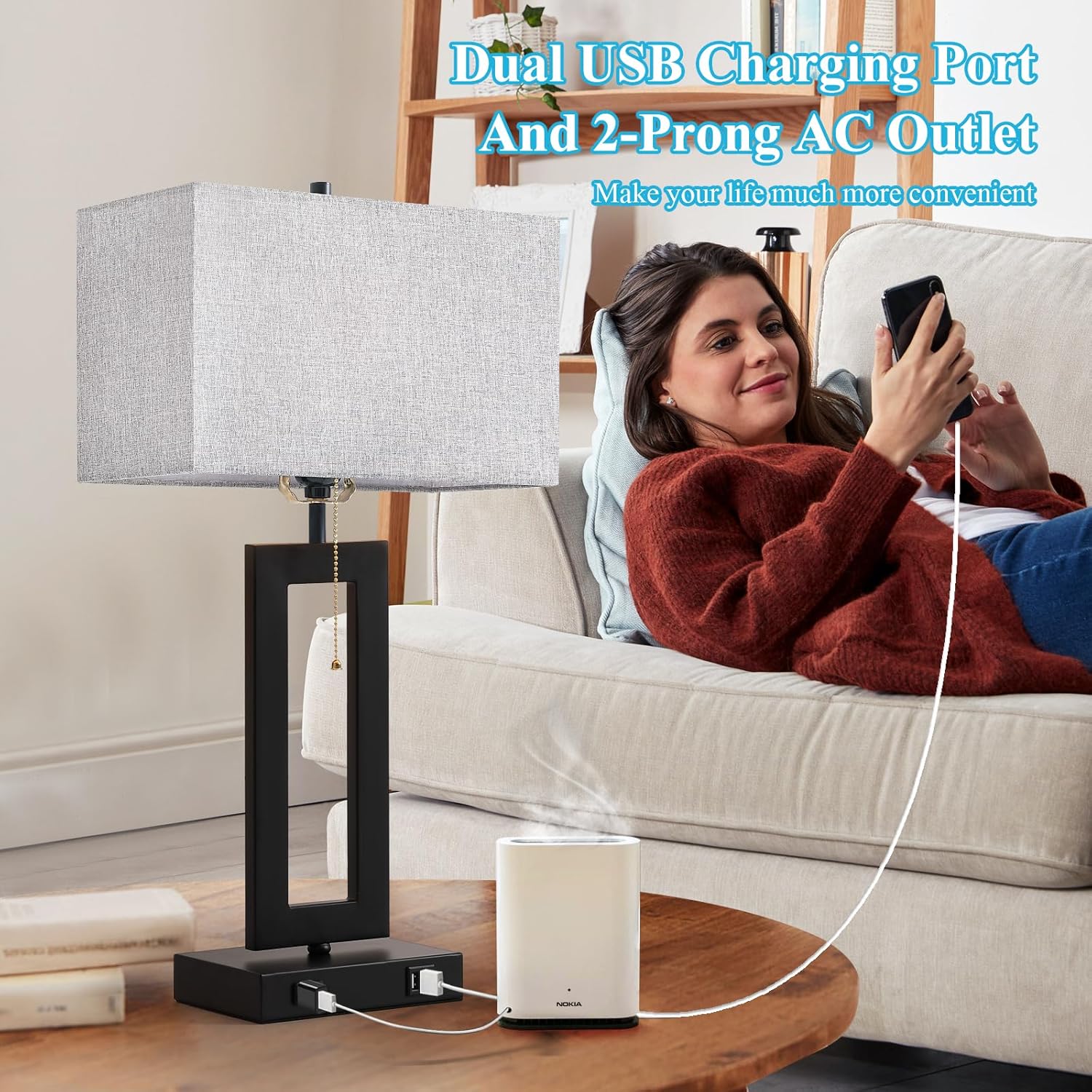 IBBIBABO Juego de 2 lámparas de mesa industriales con 2 puertos USB y salida de CA, lámparas modernas de mesita de noche negras de 22.5 pulgadas,