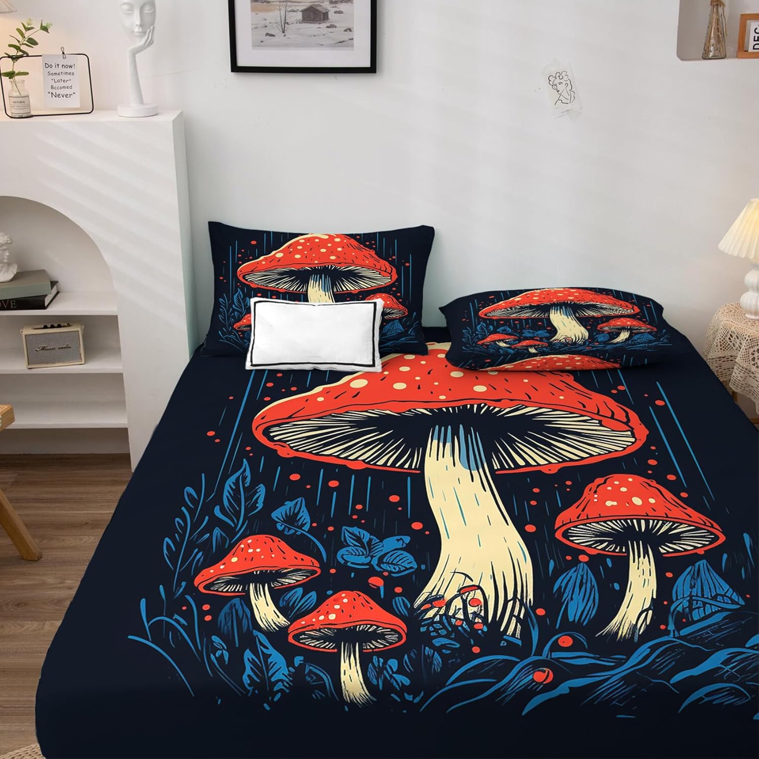 Juego de sábanas de hongos tamaño California King, sábanas de hongos, sábanas y fundas de almohada estampadas de 4 piezas, sábana bajera ajustable