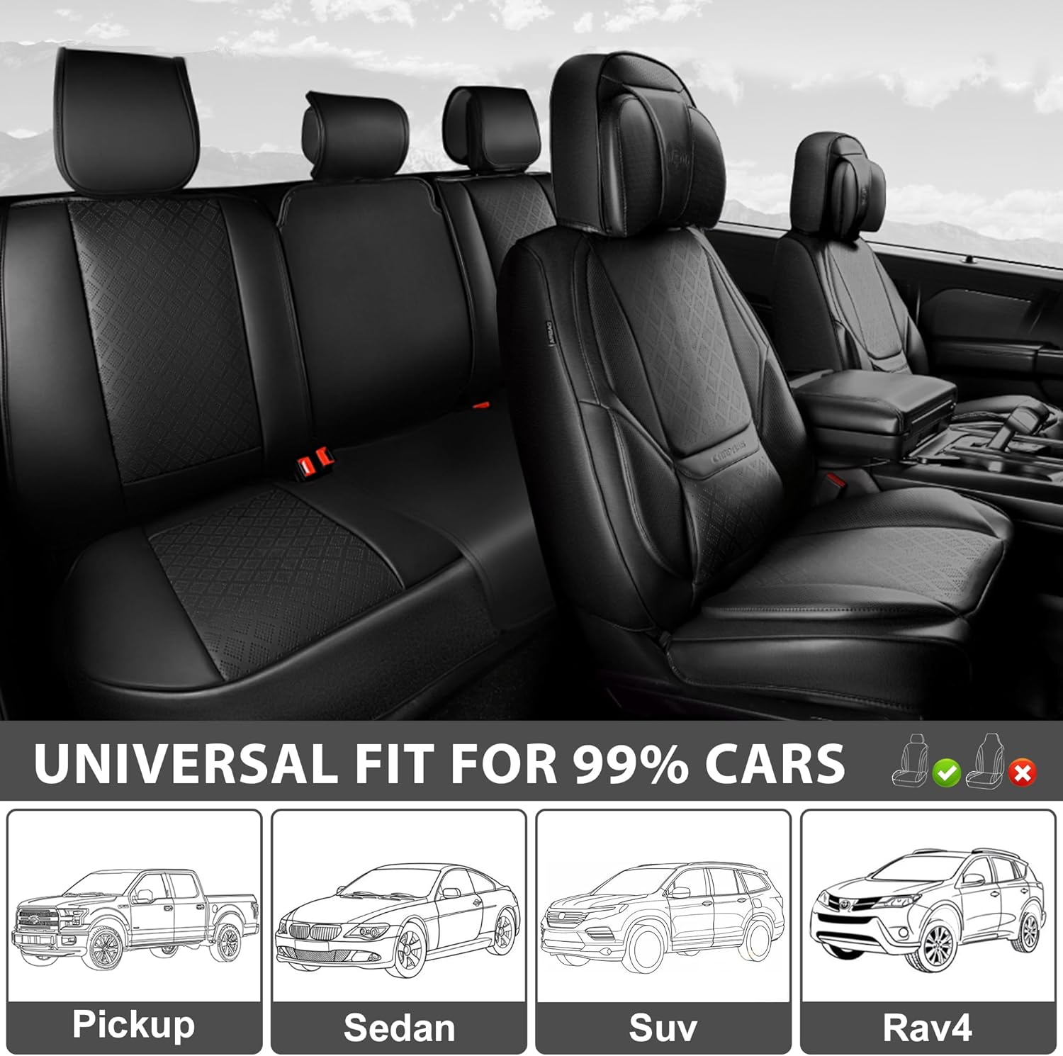 CAR PASS Fundas de asiento de automóvil de piel de napa para 5 asientos, soporte lumbar de lujo, impermeables, transpirables, duraderas, todas las