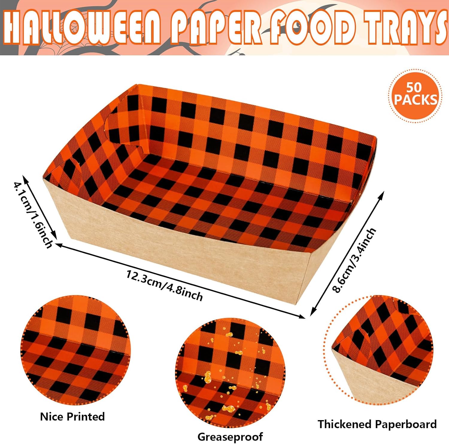 Whaline 50 bandejas de papel de Halloween para comida de papel a cuadros negros y naranjas, botes de comida con guantes de plástico, bandejas