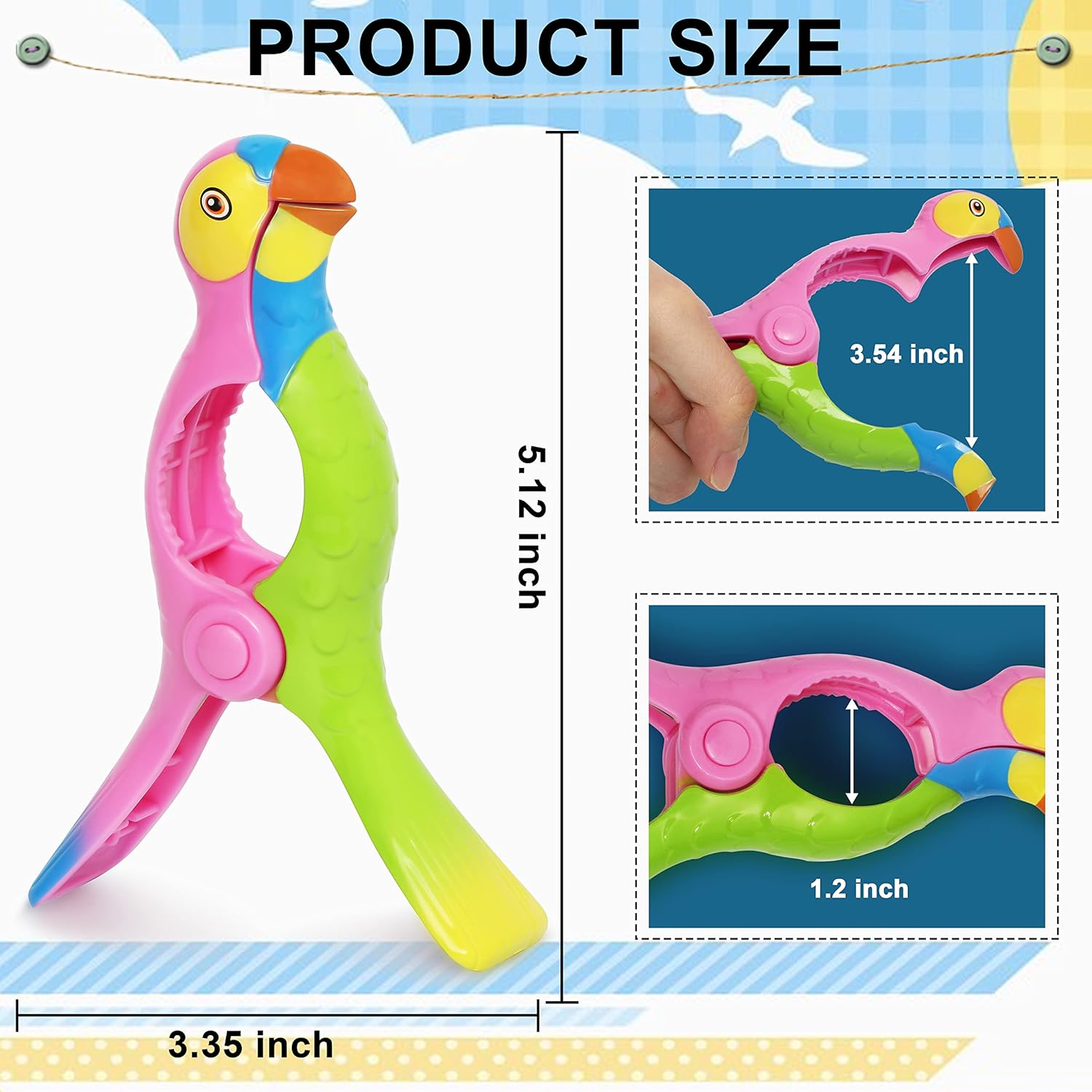 Kaluofan 4 clips de toalla para sillas, clips fuertes para toallas, accesorios de playa con forma de loro vívido (azul + rosa)