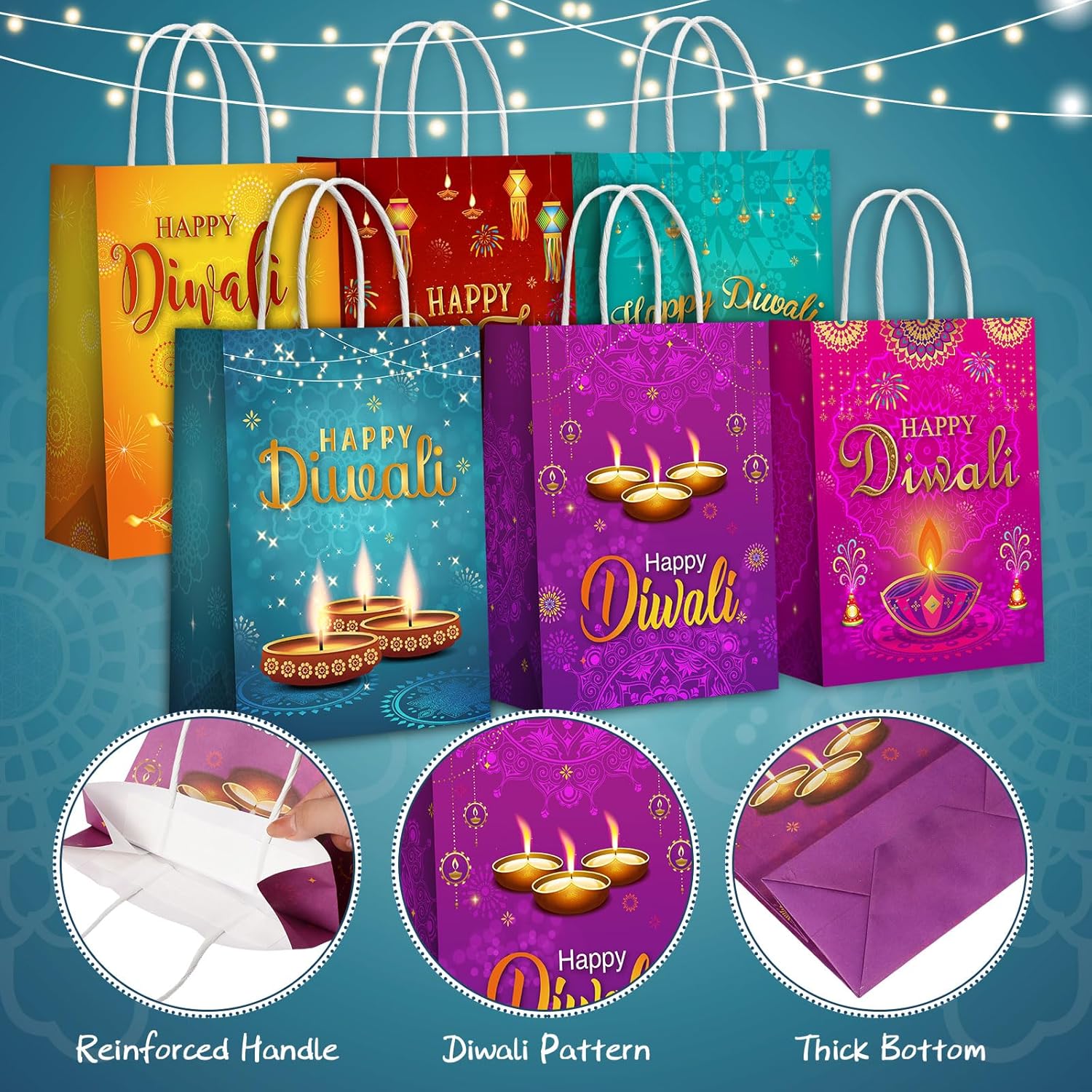 Cholemy 18 bolsas de papel Diwali Happy Diwali con asas, bolsas de regalo de fiesta Diwali, bolsas de regalo de papel de seda, bolsas de dulces