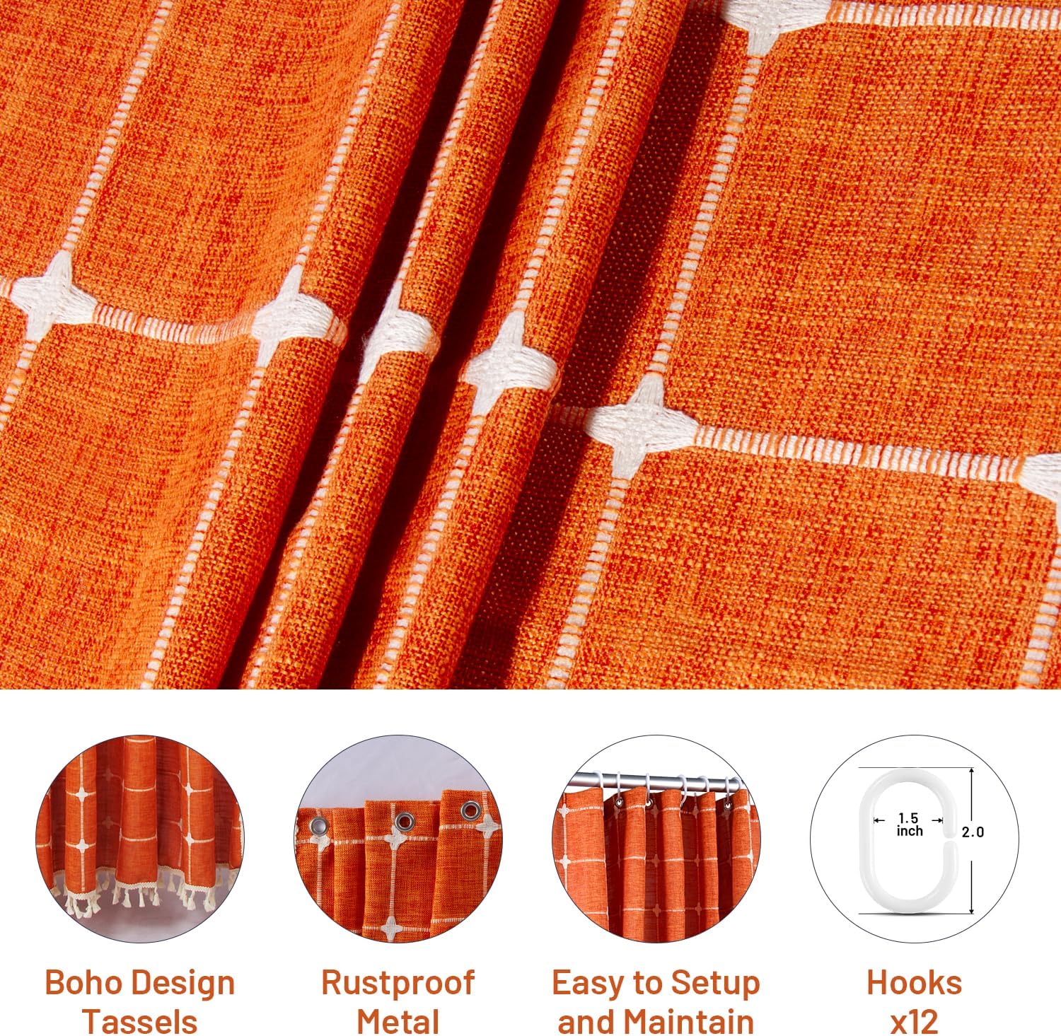 Cortina de ducha bohemia de tela de lino naranja para baño, resistente, cuadrada, bordada, borla, moderna, juego de cortina de ducha impermeable, 72