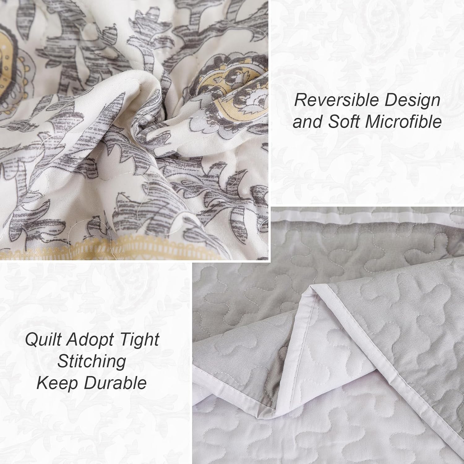 Anibedding Juego de edredón gris tamaño King de 3 piezas con estampado de cachemira, reversible, bohemio, a rayas, con 2 fundas de almohada, para