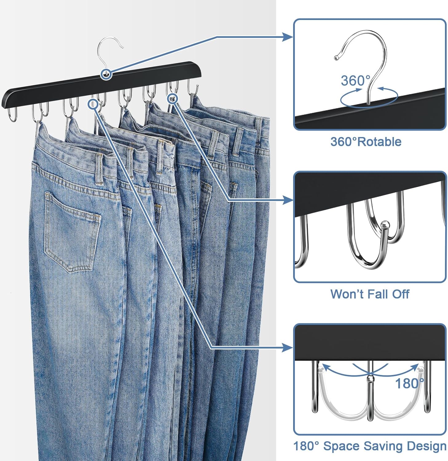 Ganchos para jeans para armario, 14 ganchos de madera para jeans que ahorran espacio, ganchos giratorios de 180 para jeans, faldas, pantalones