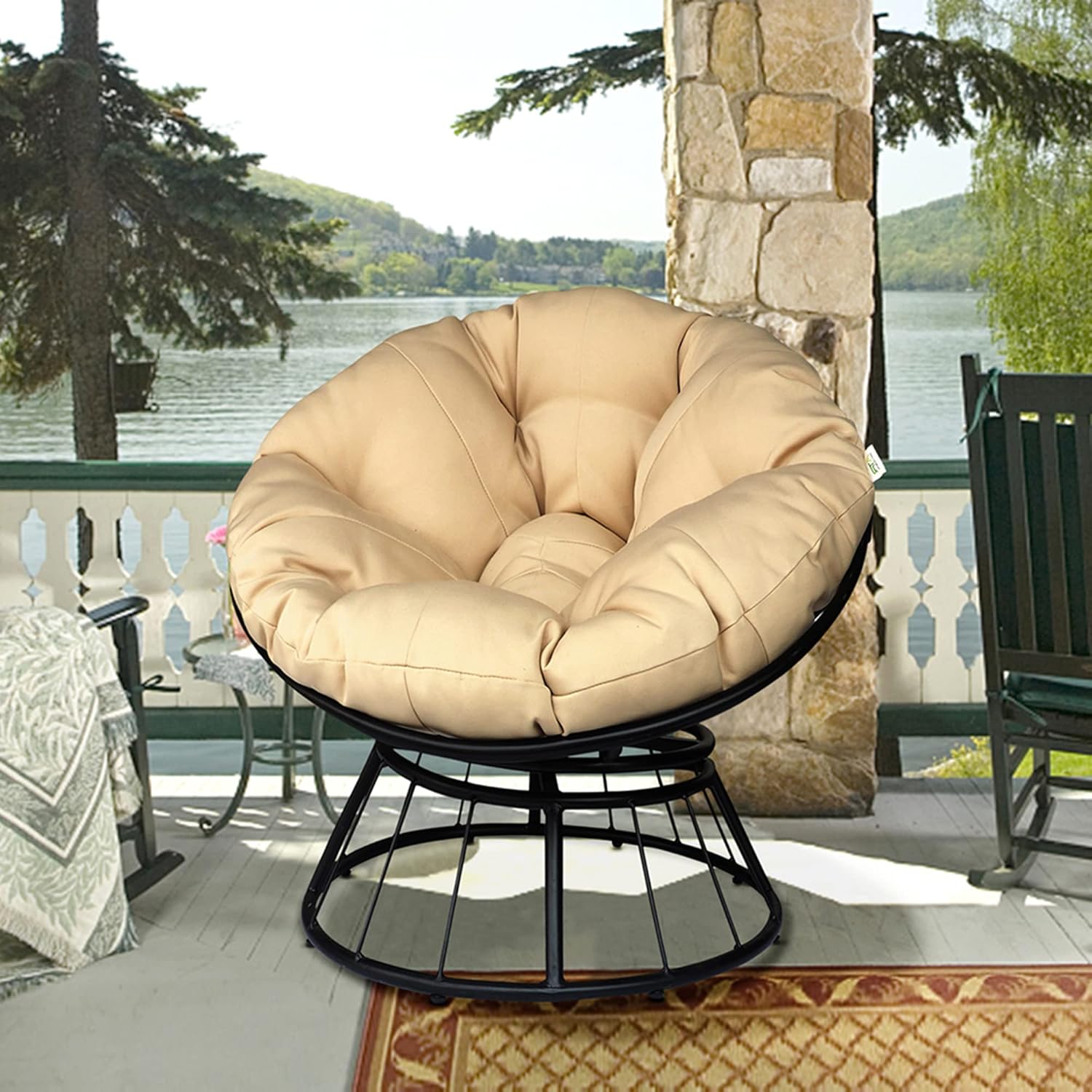 Skypatio Papasan – Silla giratoria de patio con cojín esponjoso, silla de descanso para interiores y exteriores, asiento de balcón para el hogar, 35