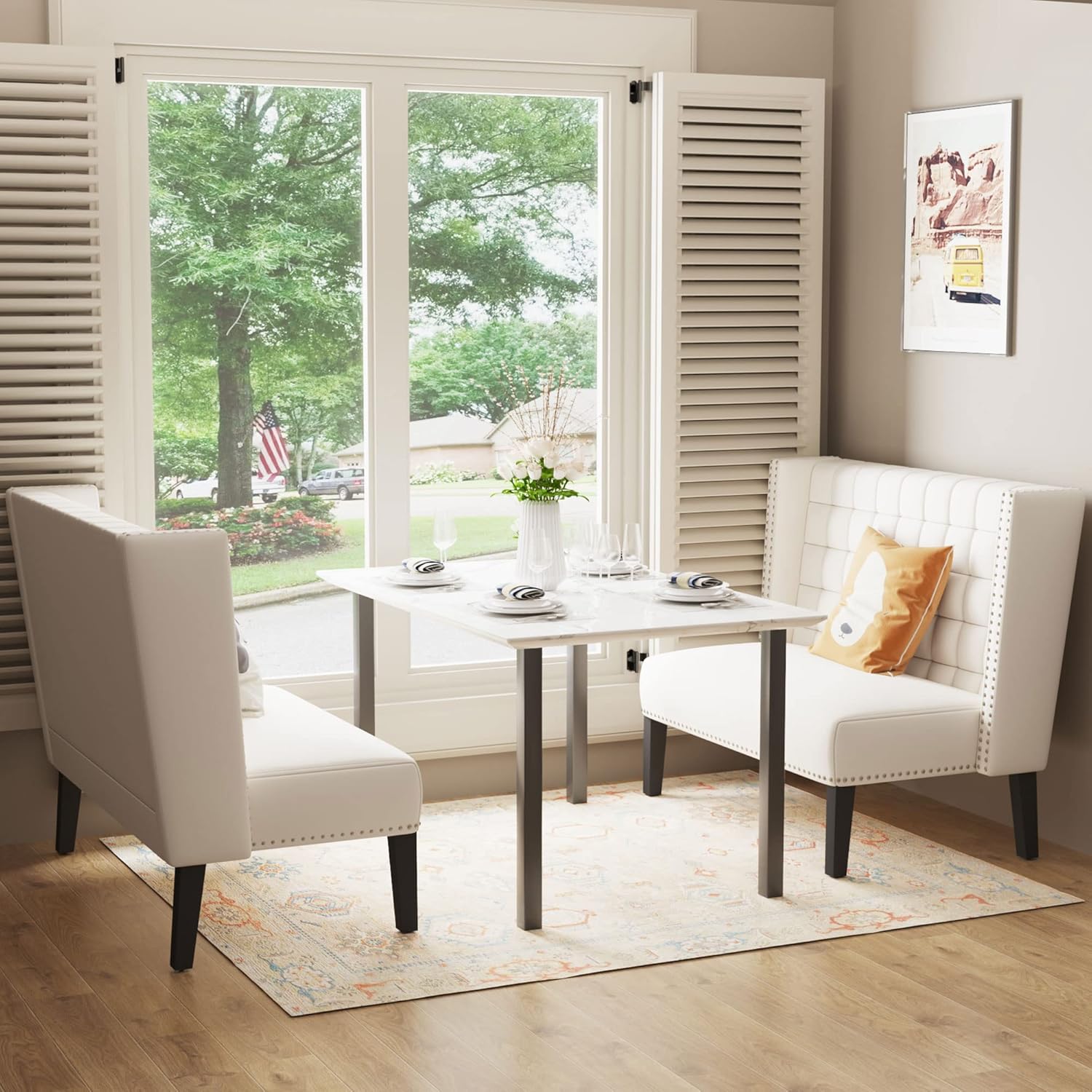 Andeworld Moderno sofá biplaza, banco tapizado de comedor con respaldo para comedor, sala de estar, pasillo o asiento de entrada, color blanco