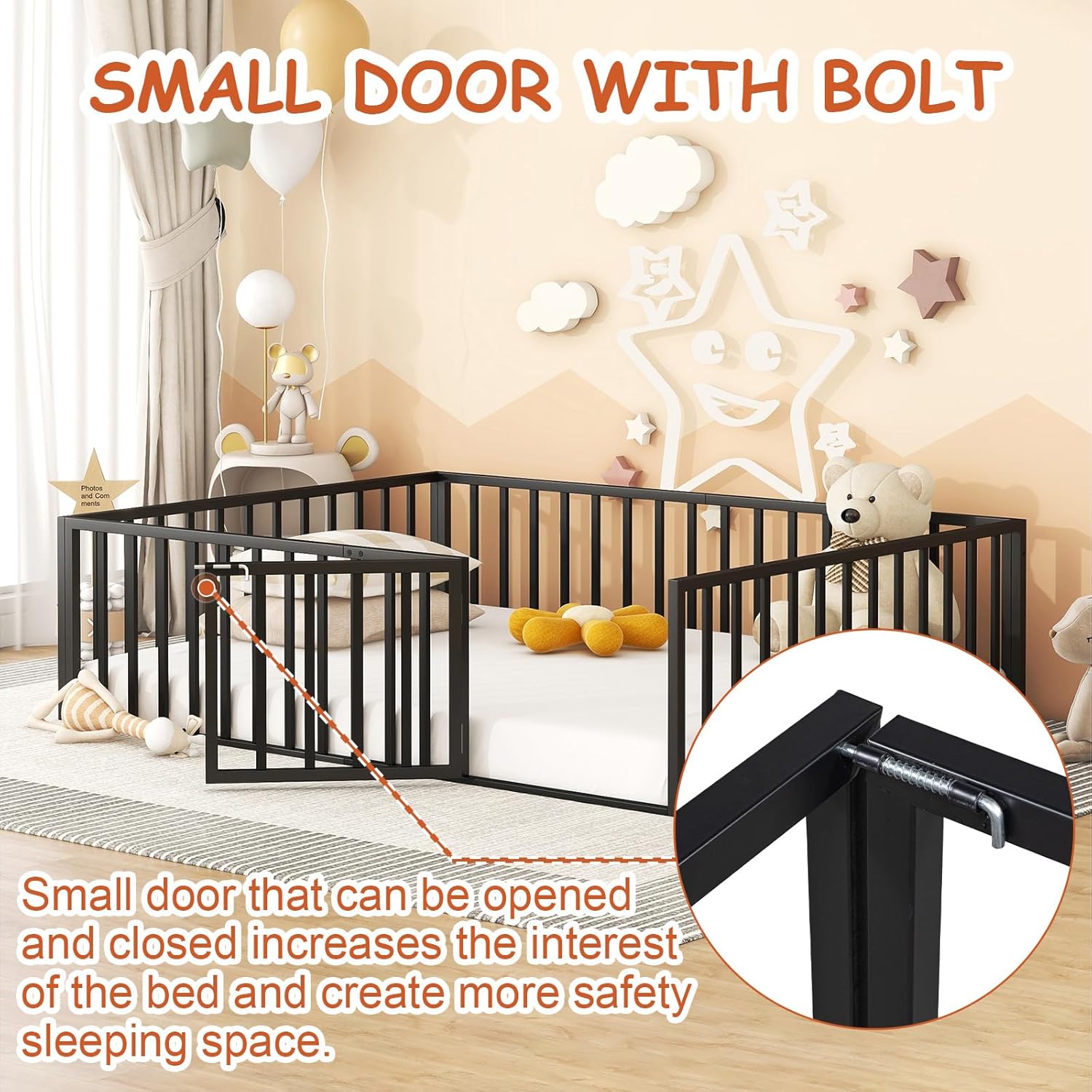 Cama de suelo de metal Queen, marco de metal resistente con valla y puerta, ideal para transición Montessori